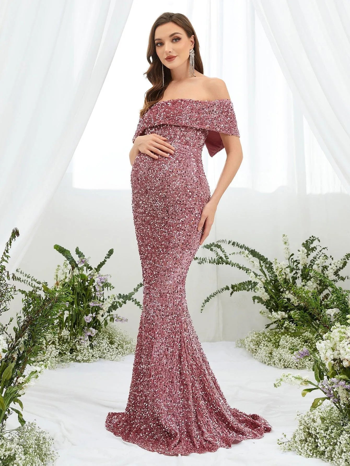 Maternity Off Shoulder Sequin Mermaid Dress