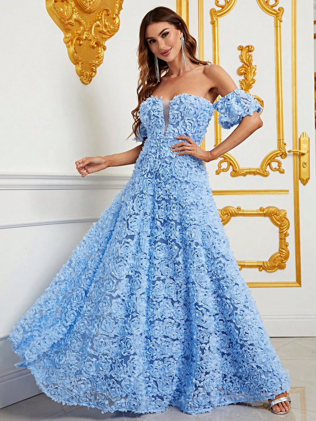 Off Shoulder 3D Flower A-Line Dresses