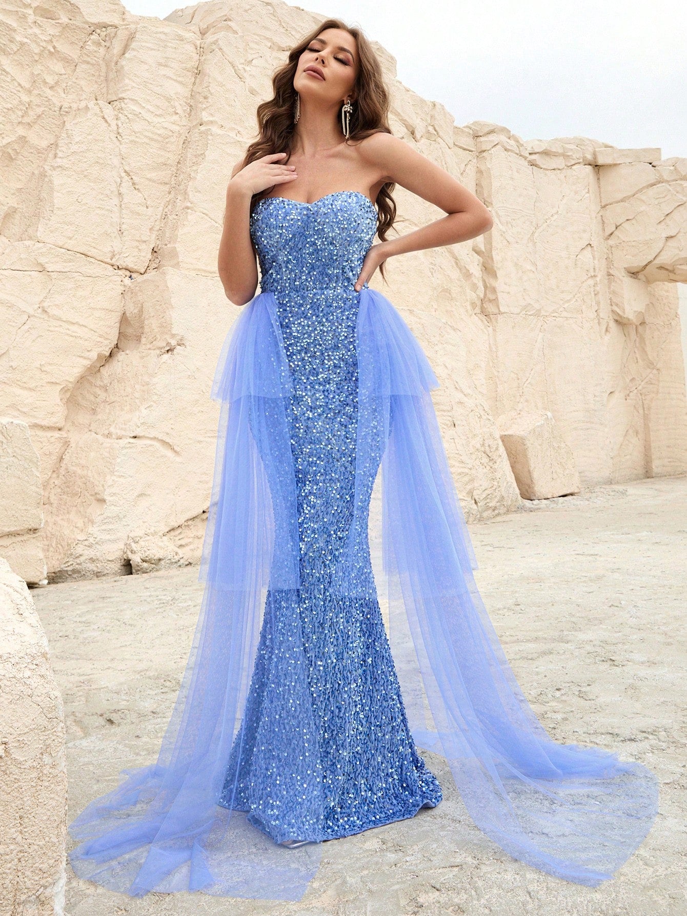 Tube Sequin Mermaid Dresses Mesh Layer On Waist