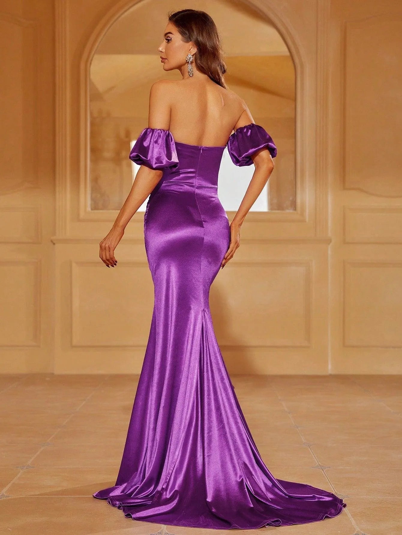 Ruched Bustier Split Thigh Satin Mermaid Dress