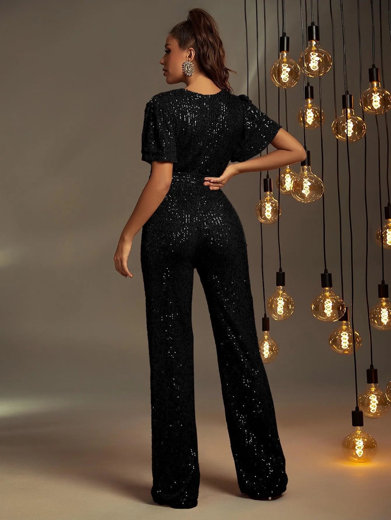 Elegant V Neck Short Sleeve Sequins Jumpsuit