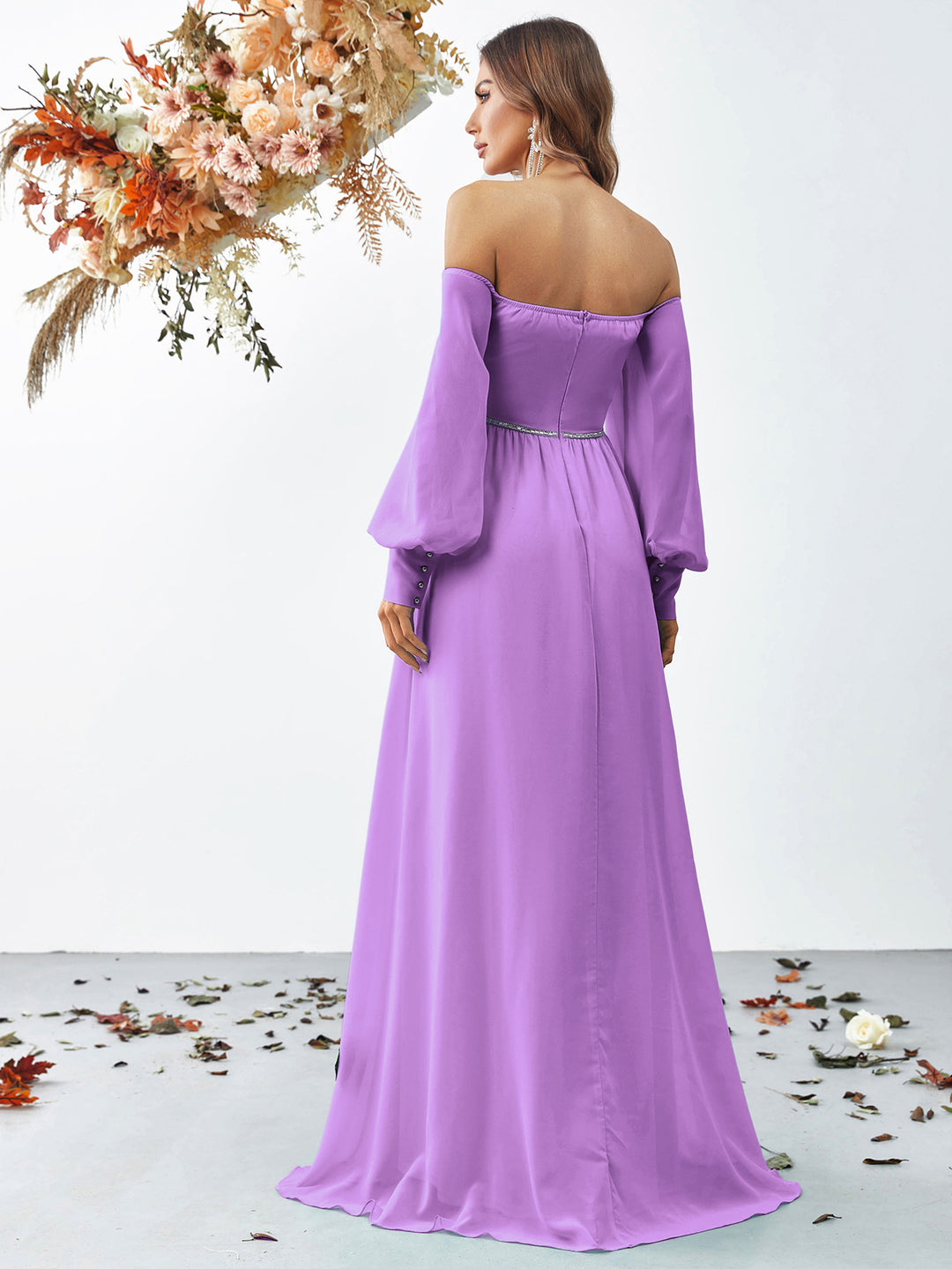 Off Shoulder Lantern Sleeve Rhinestone Waistband Chiffon Dress