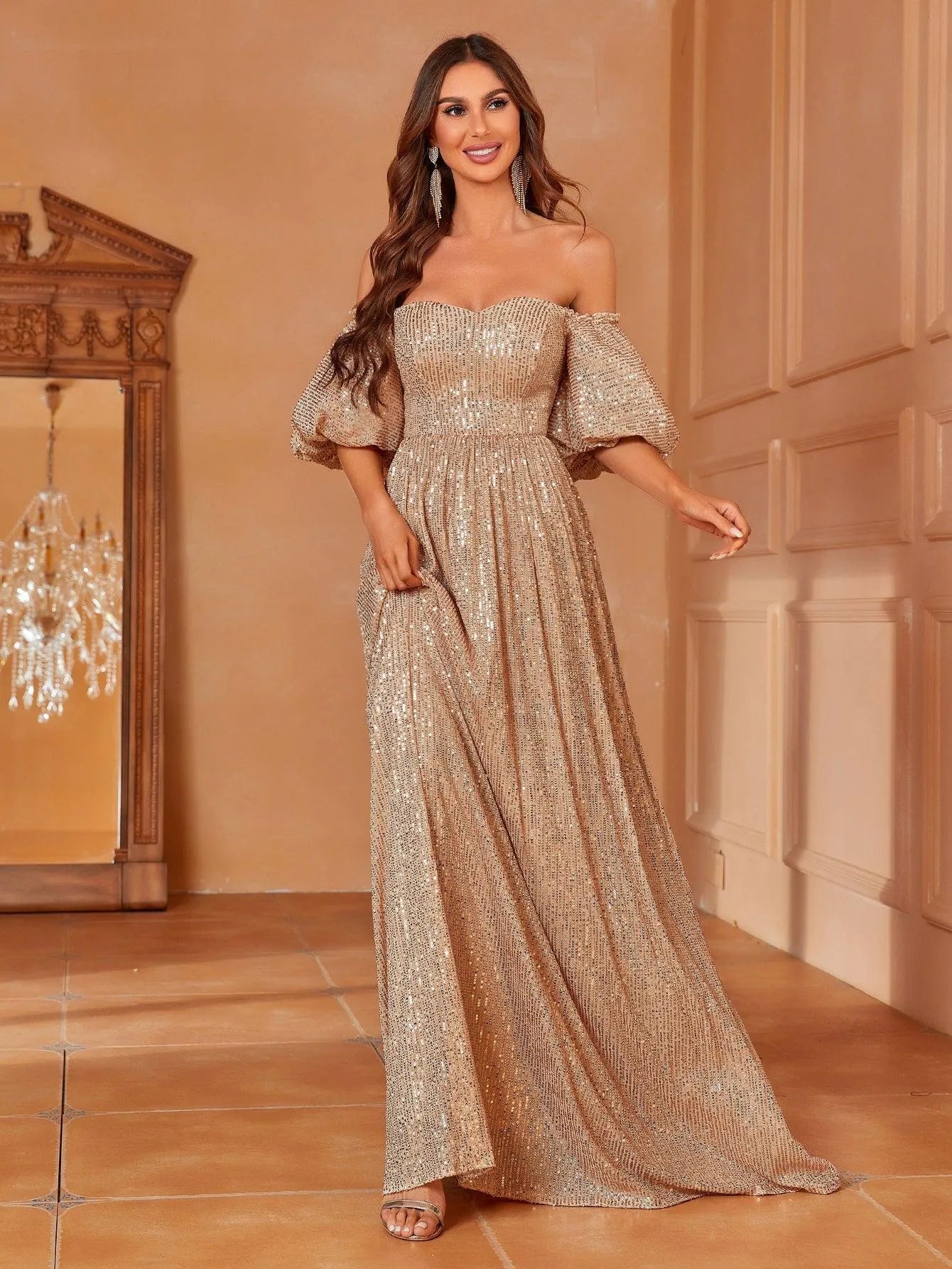 Off Shoulder Puff Sleeve Sequin Party Dresses