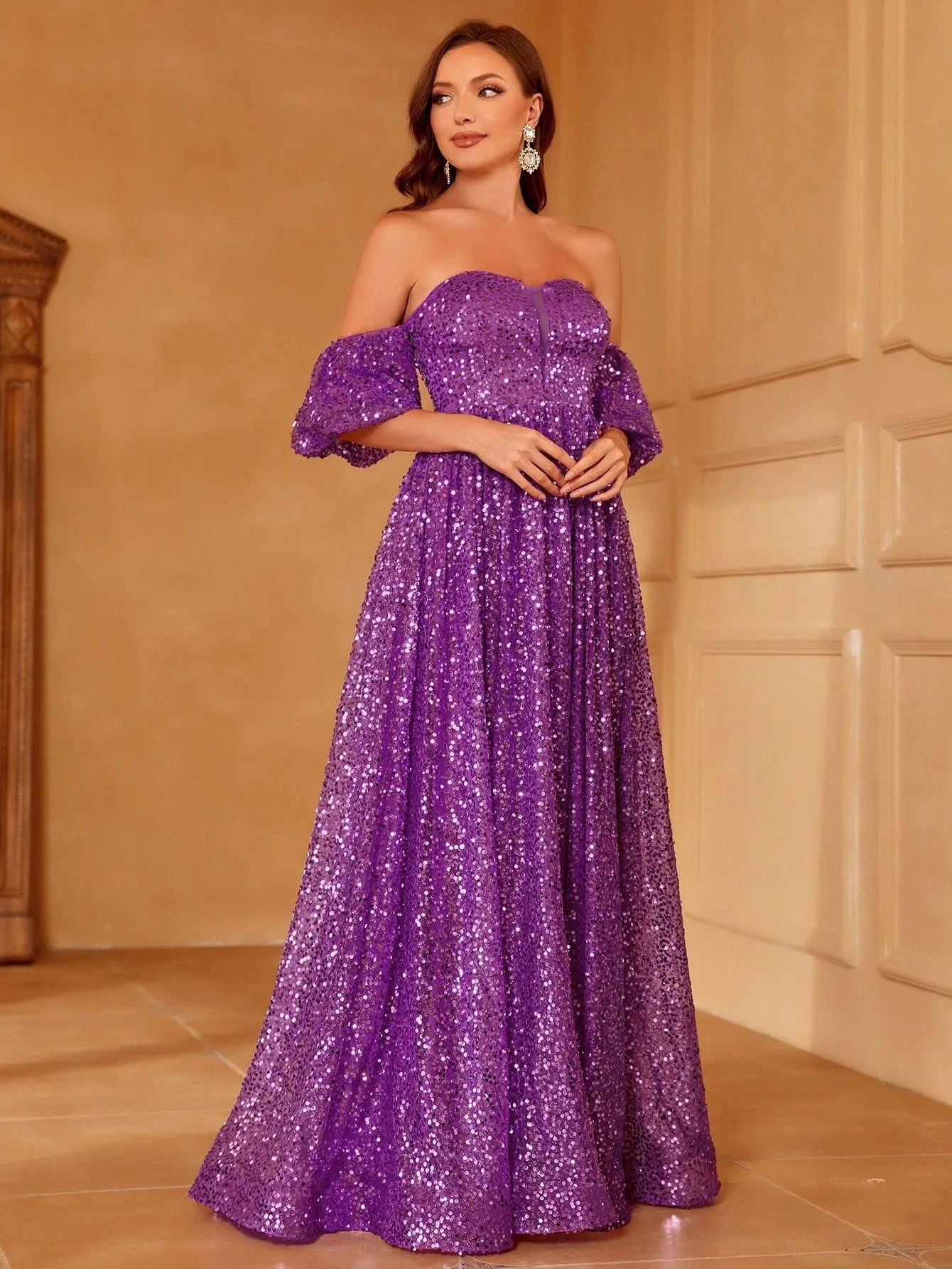 Off Shoulder Puff Sleeve Sequin A Line Dresses