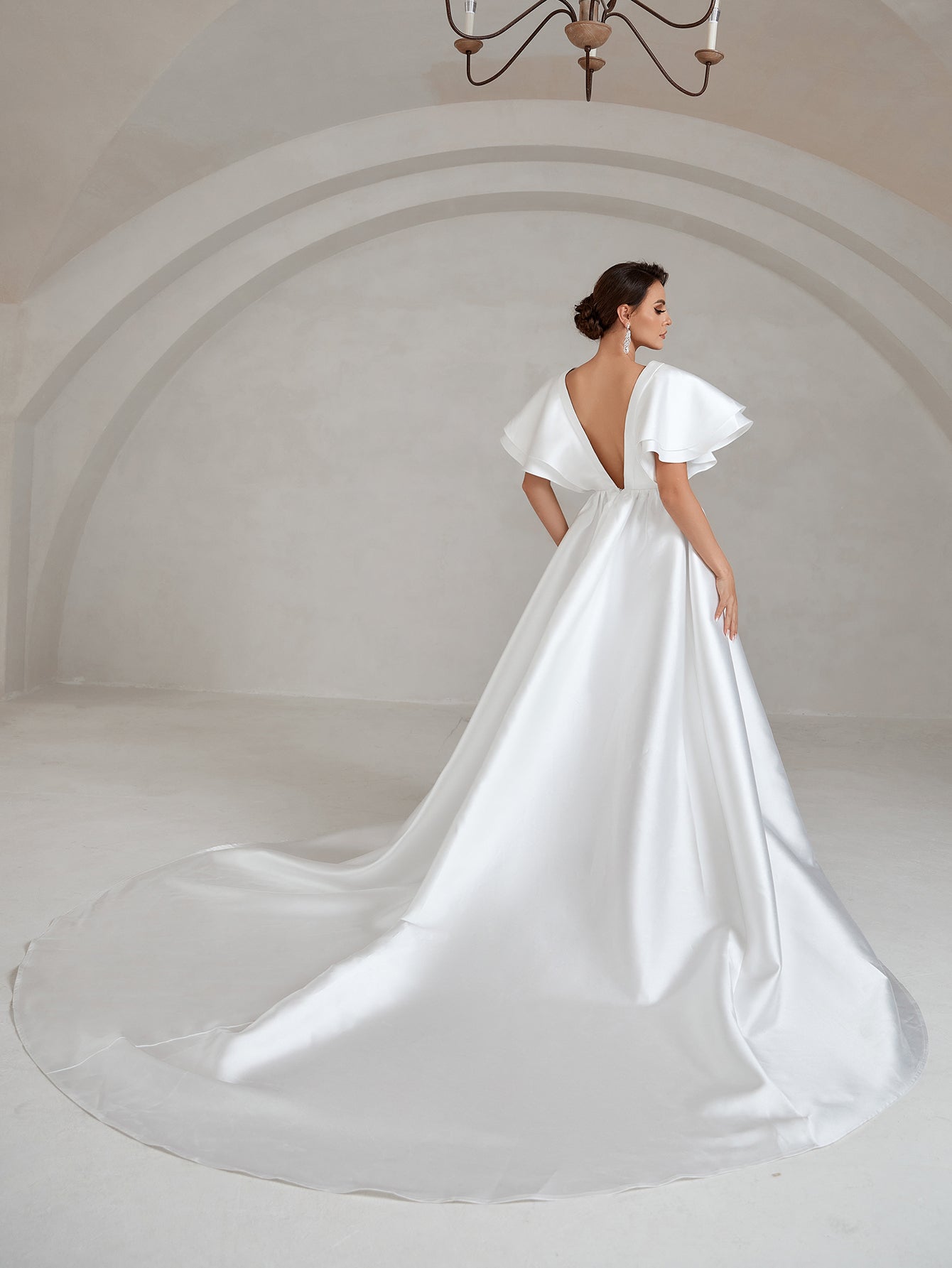 Backless Ruffle Layered Sleeve Wedding Dress