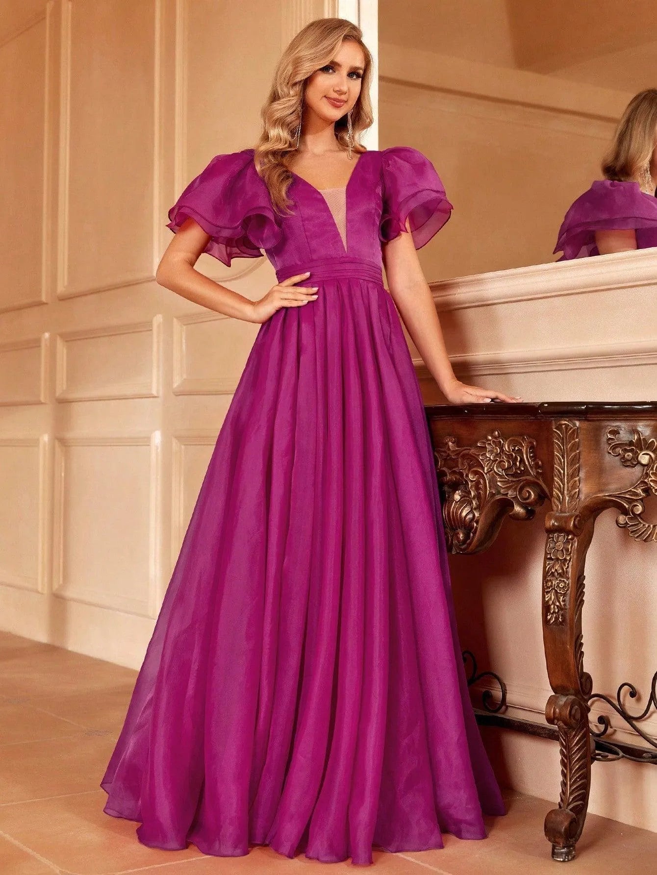 Backless Layered Sleeves Organza Prom Dress