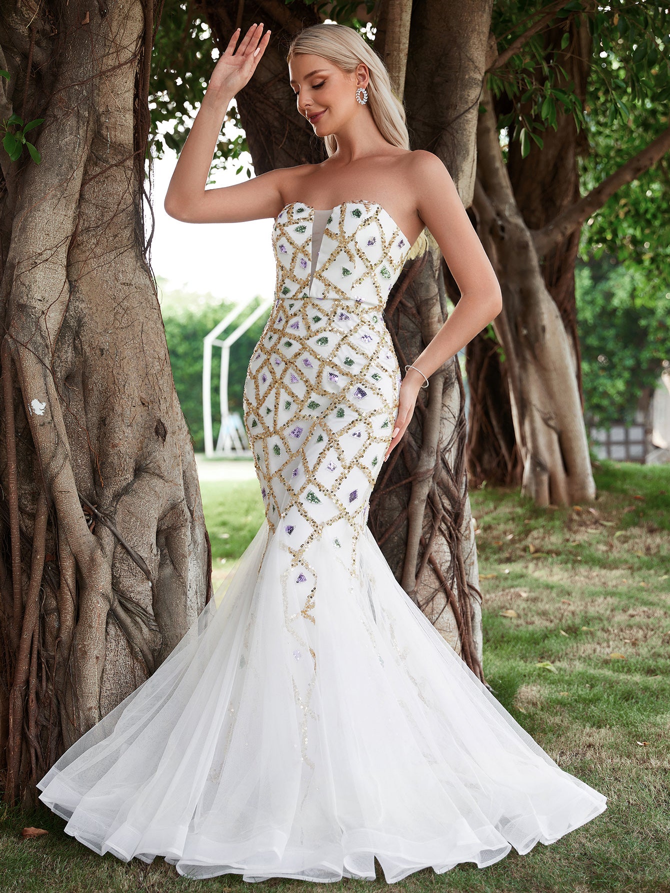 Mesh Insert Mermaid Hem Sequin Tube Wedding Dress