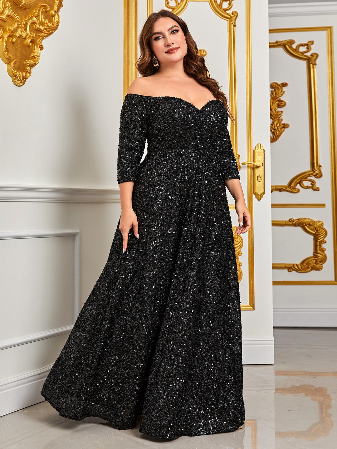 Plus 3/4 Sleeve Off Shoulder Sequin A Line Dresses