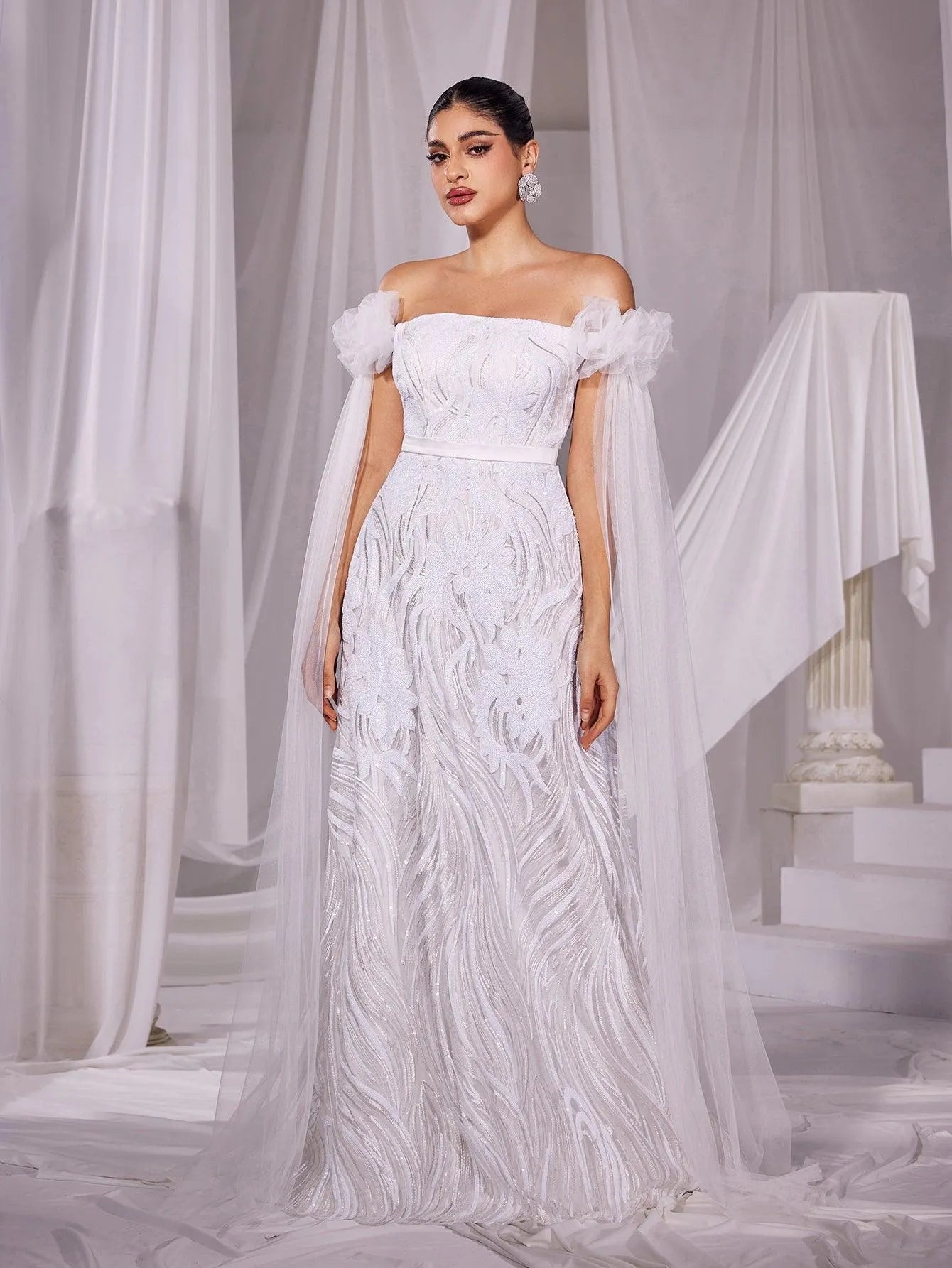 Elegant Off Shoulder Cloak Sleeves Wedding Dress