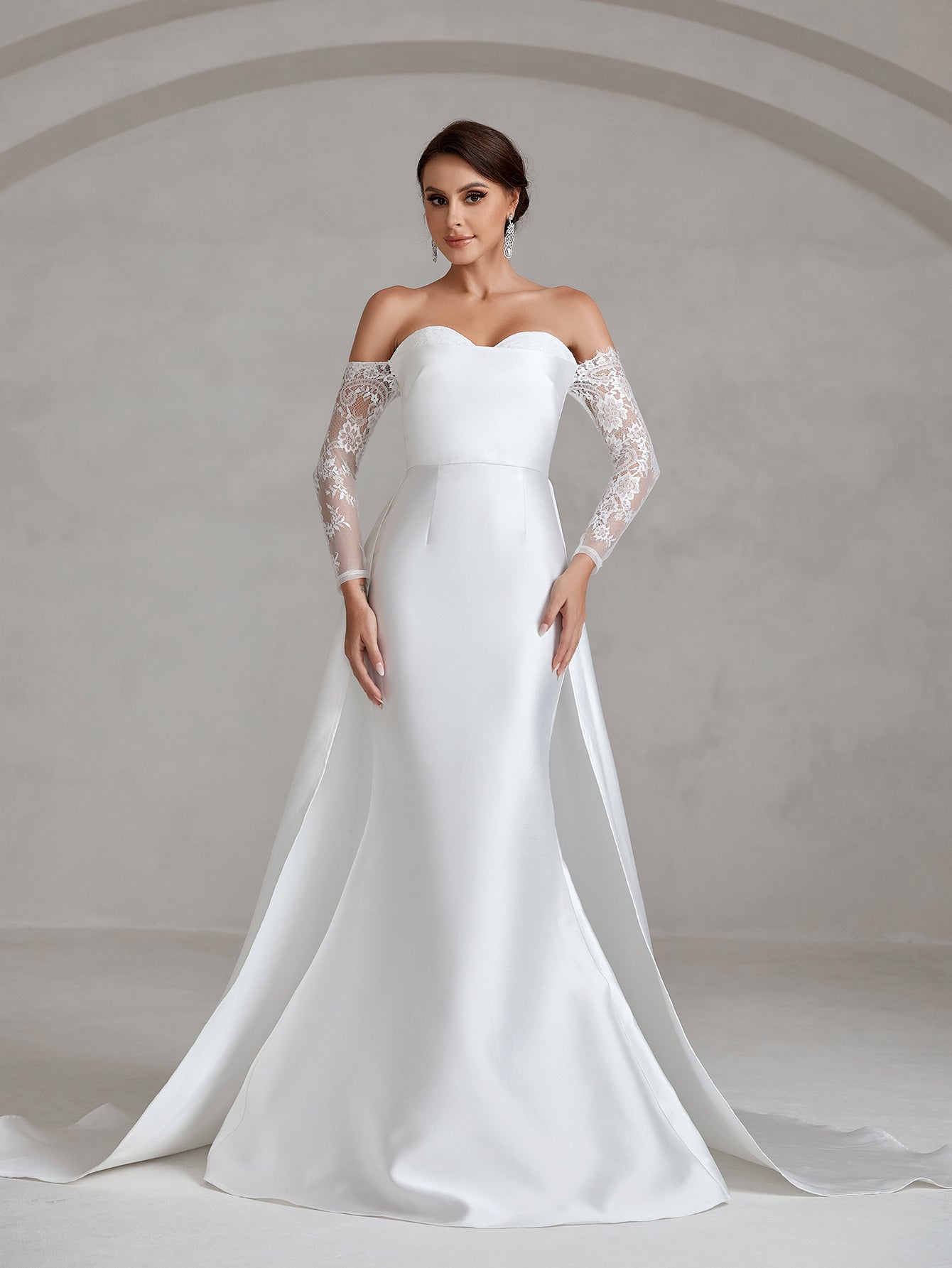 Off Shoulder Lace Sleeve Satin Mermaid Hem Wedding Dress