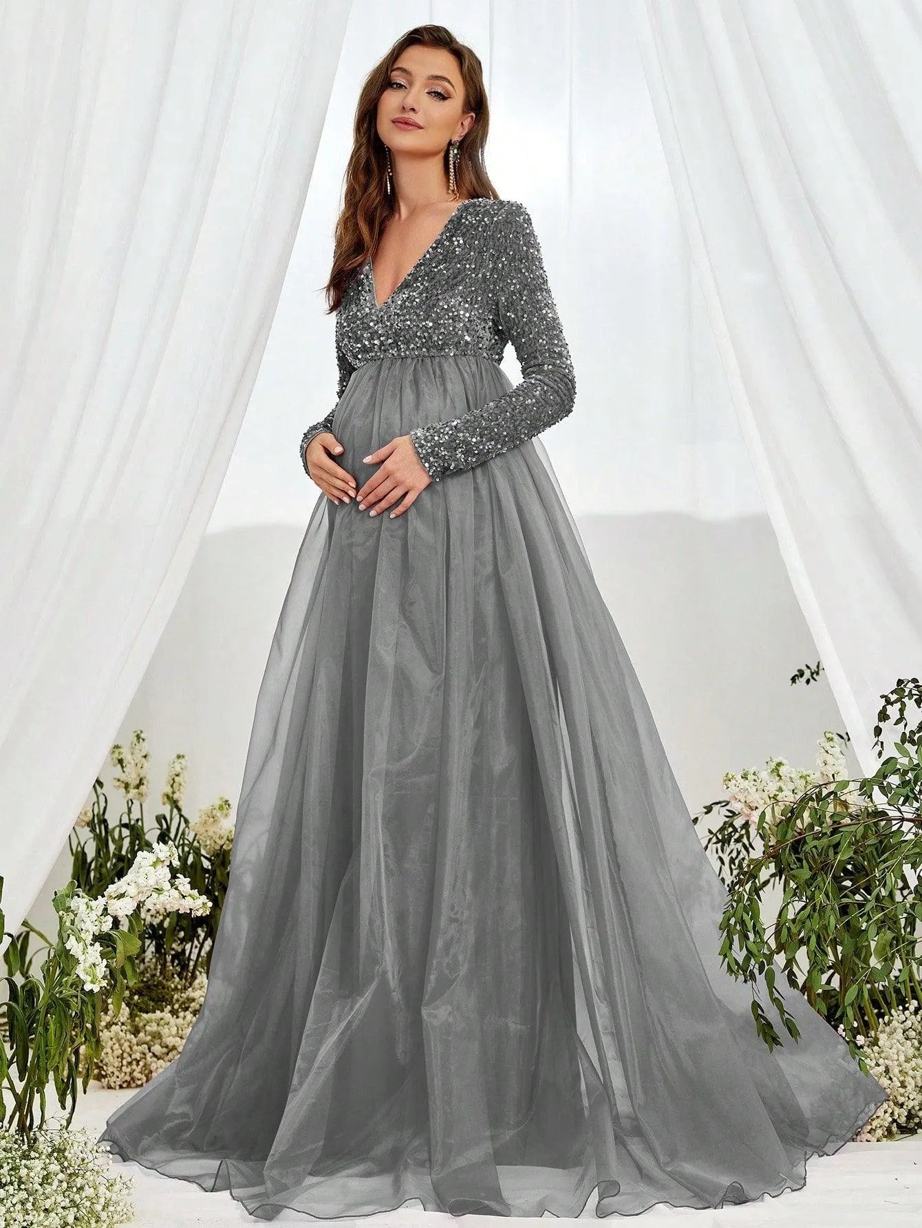 Maternity V Neck Long Sleeve Organza Hem Formal  Dress