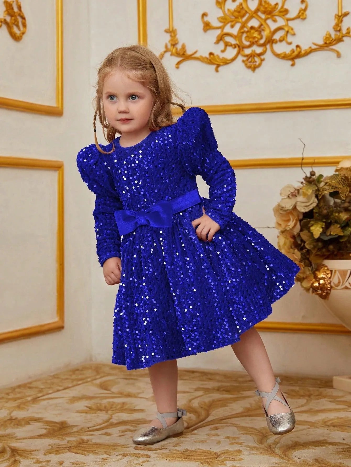 Young Girls' Gigot Sleeve Bow Decor Sequin Midi Dress