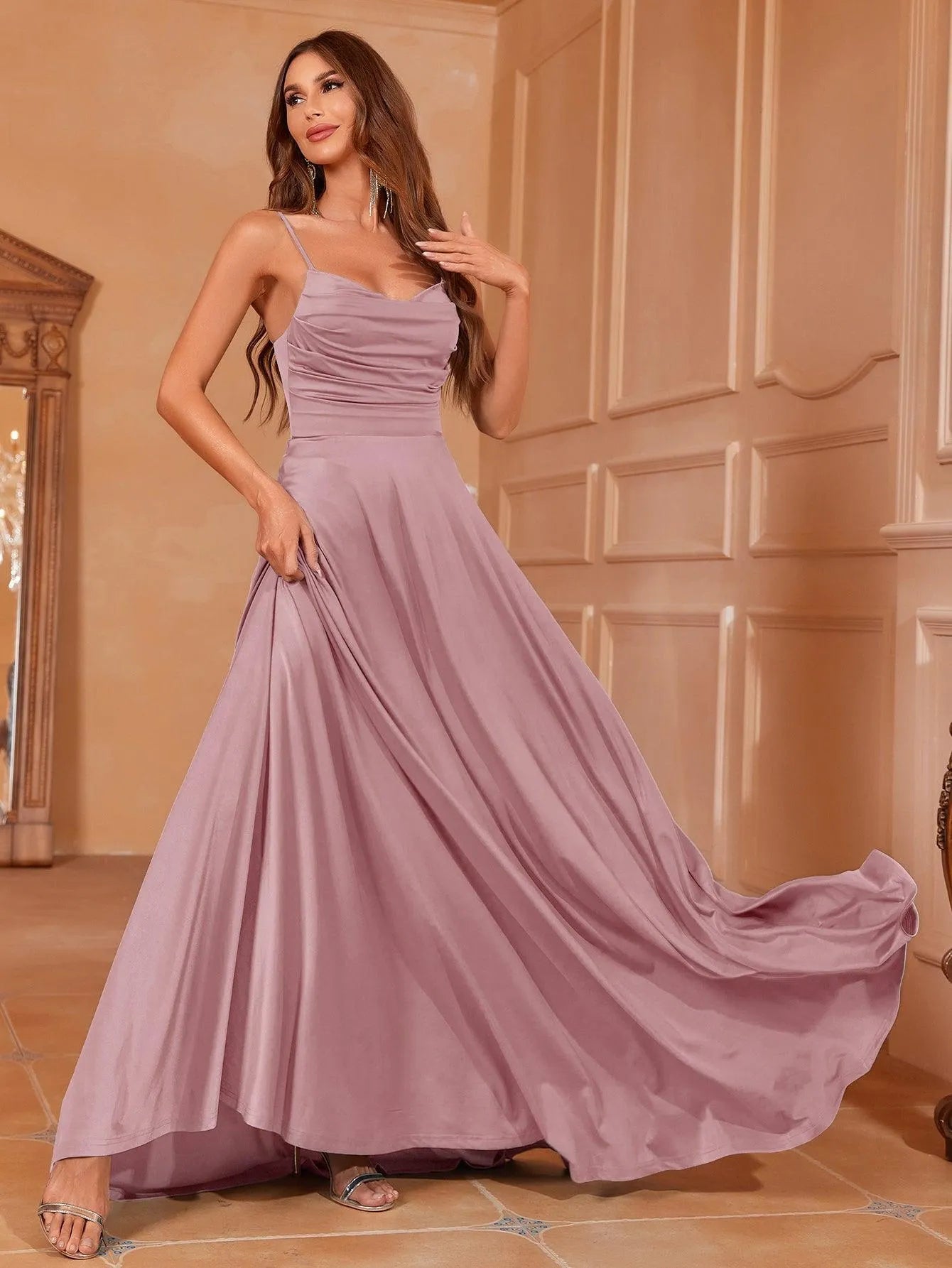 Elegant Ruched Draped Collar Cami Bridesmaid Dress