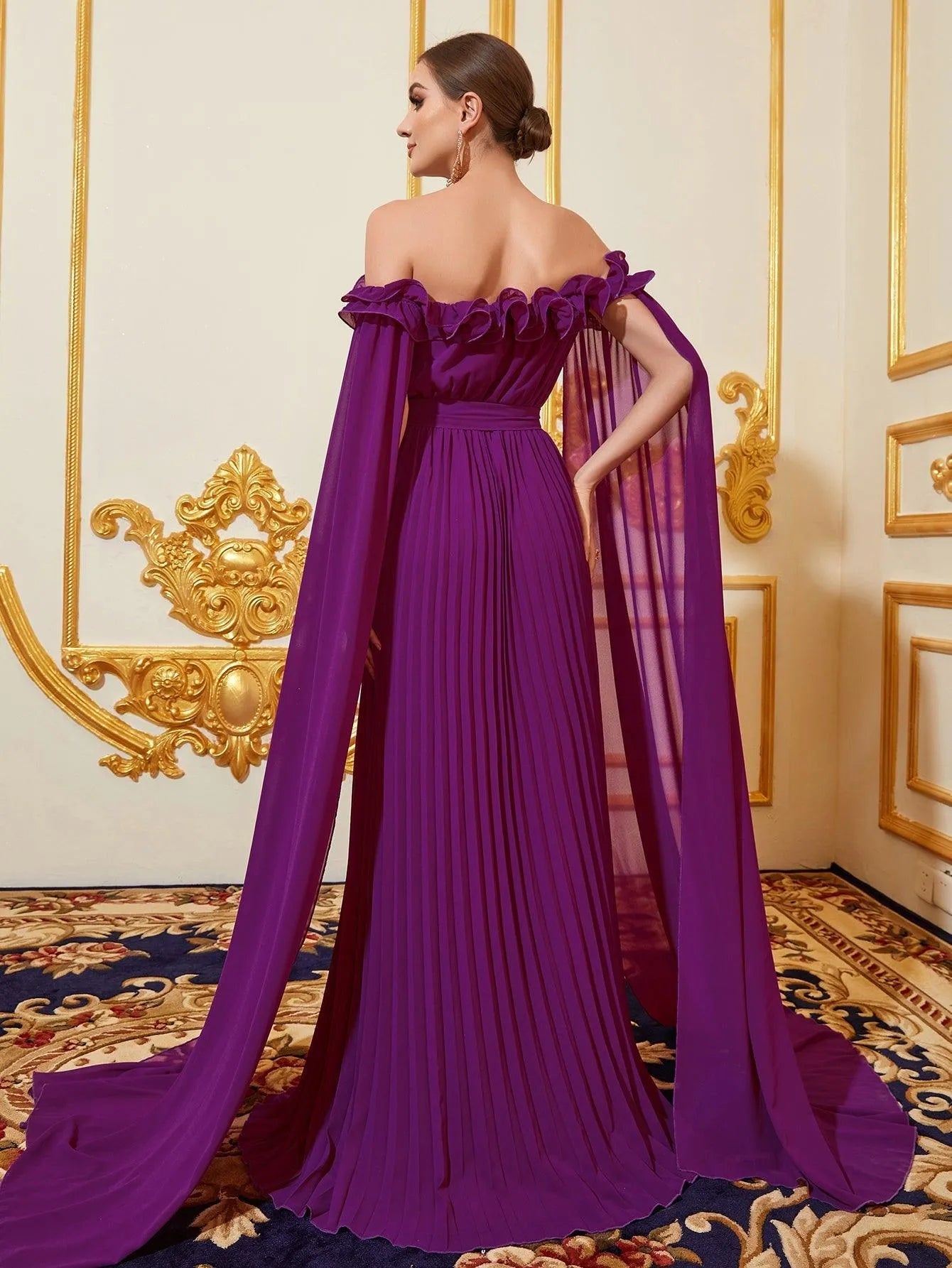 Off Shoulder Cloak Sleeves Pleated Chiffon Dress