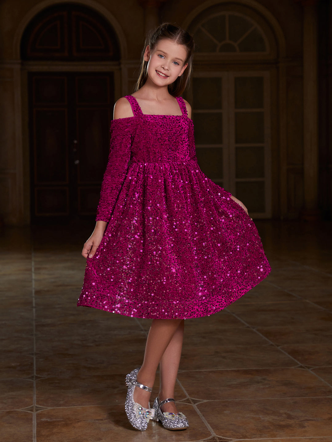 Girl's Off Shoulder Long Sleeve Sequin Cami Dress