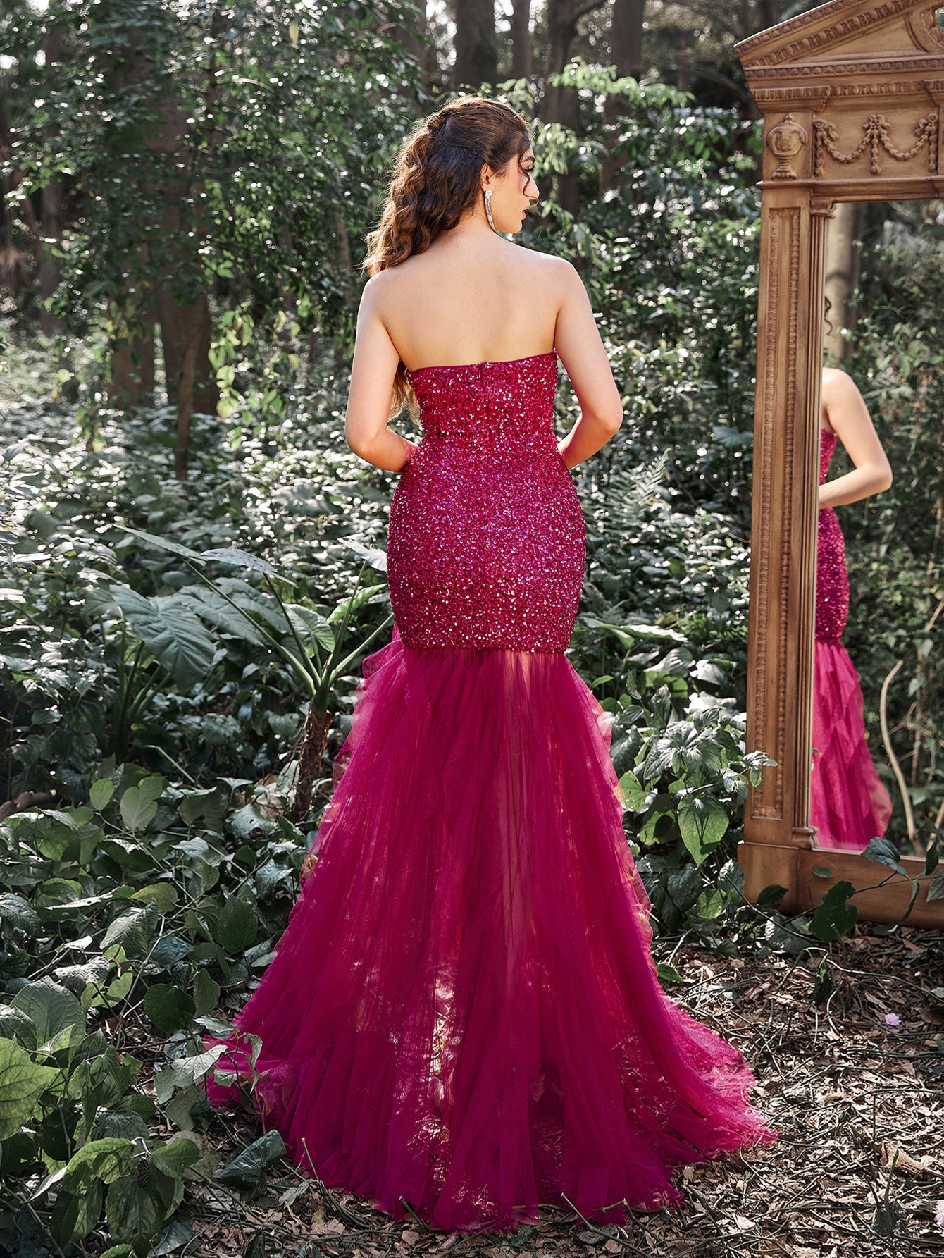 Gorgeous Sequin Bodice Contrast Cascading Tulle Train Strapless Evening Dress