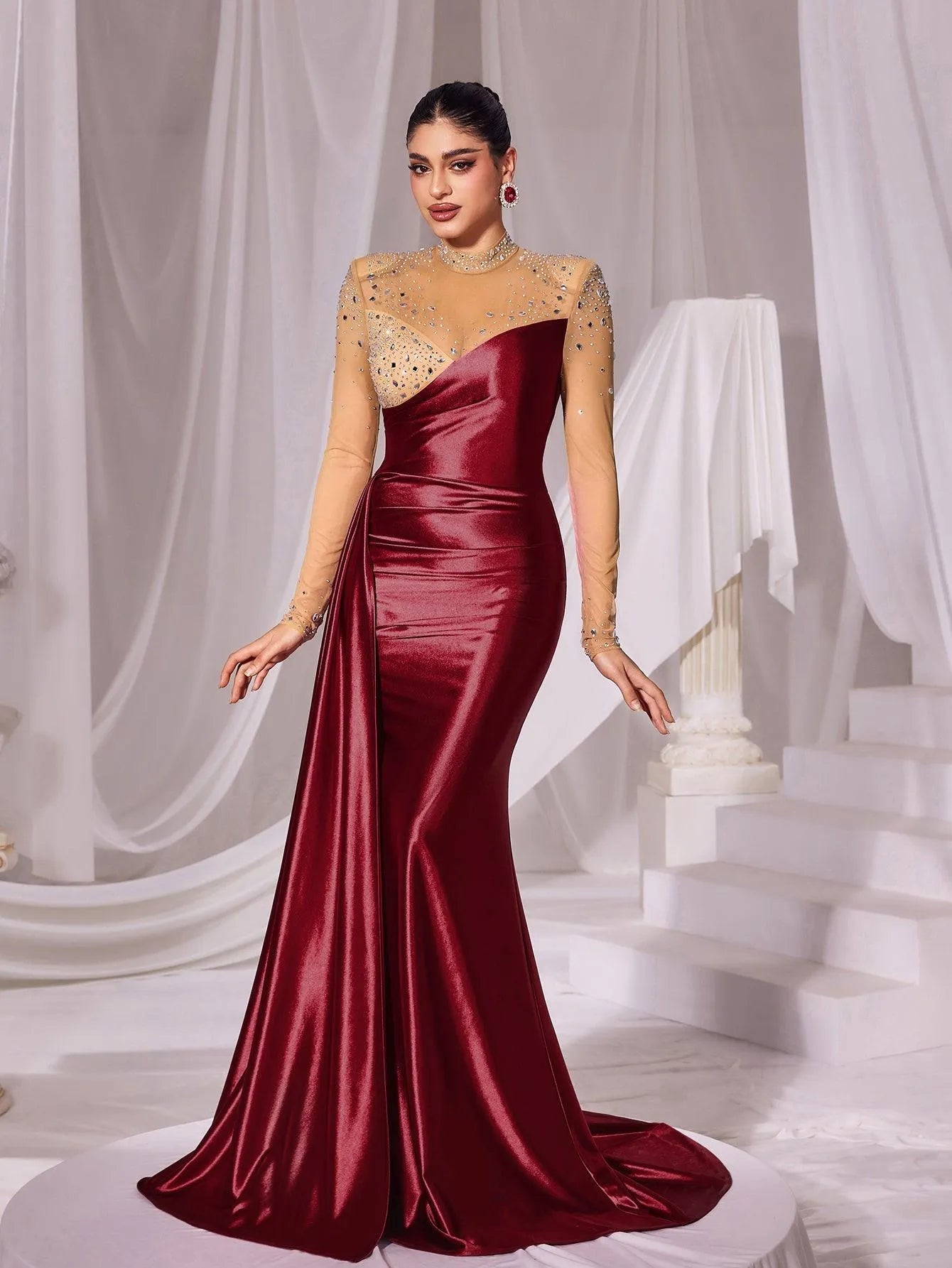 Rhinestone Detail Mock Neck Satin Mermaid Prom Dress