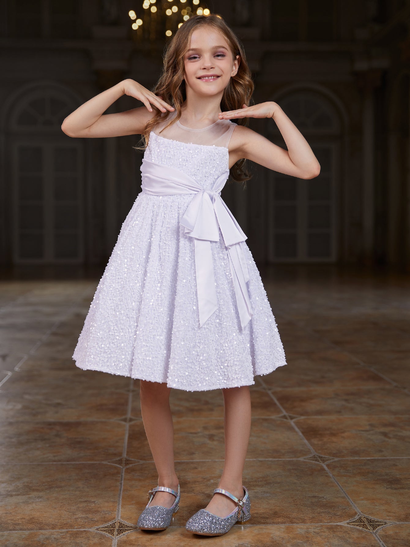 Girl's Cute Sleeveless Knot Side Sequin A Line Dress