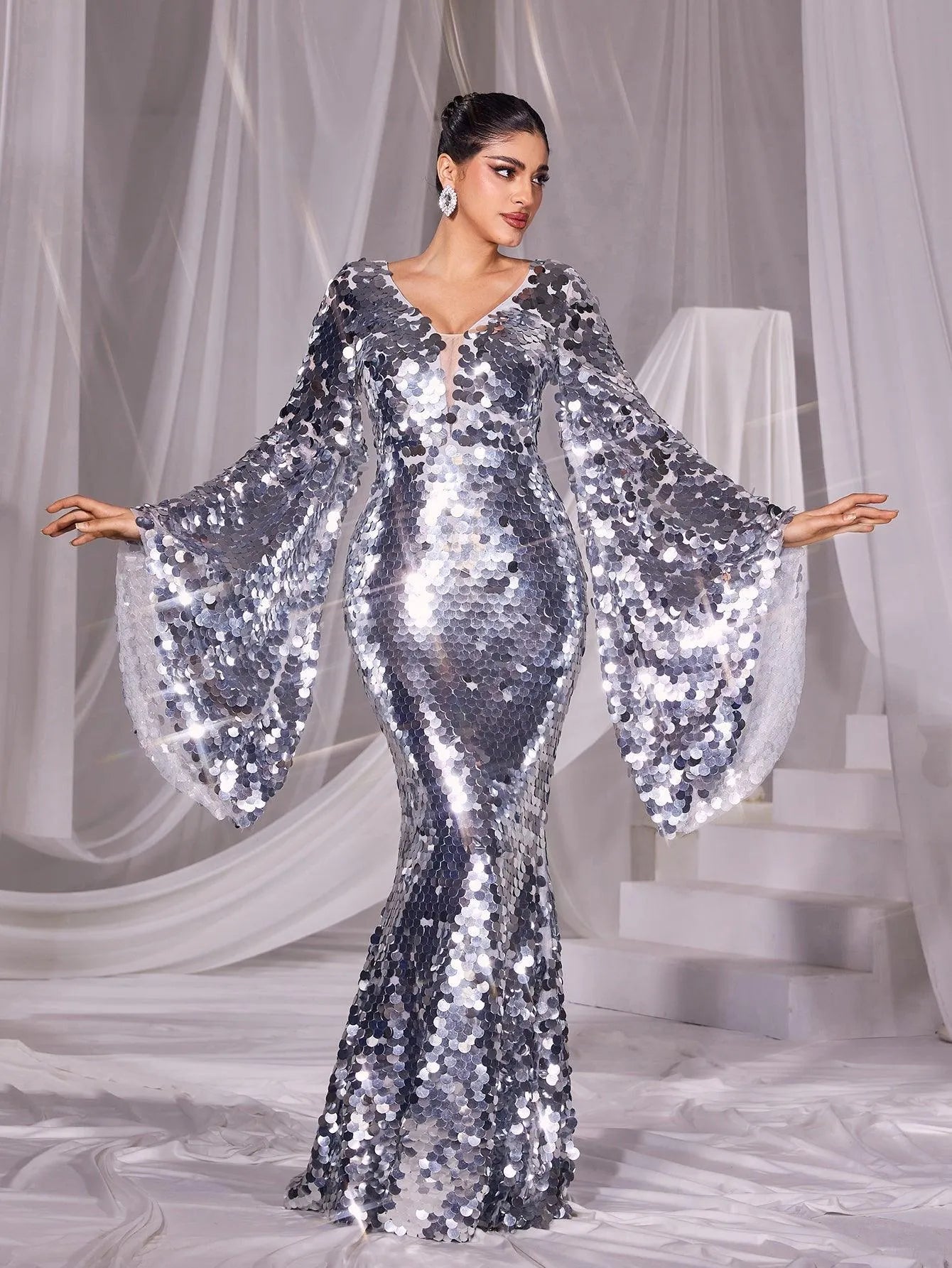 Plunging Neck Flared Sleeves Sequin Mermaid Dress