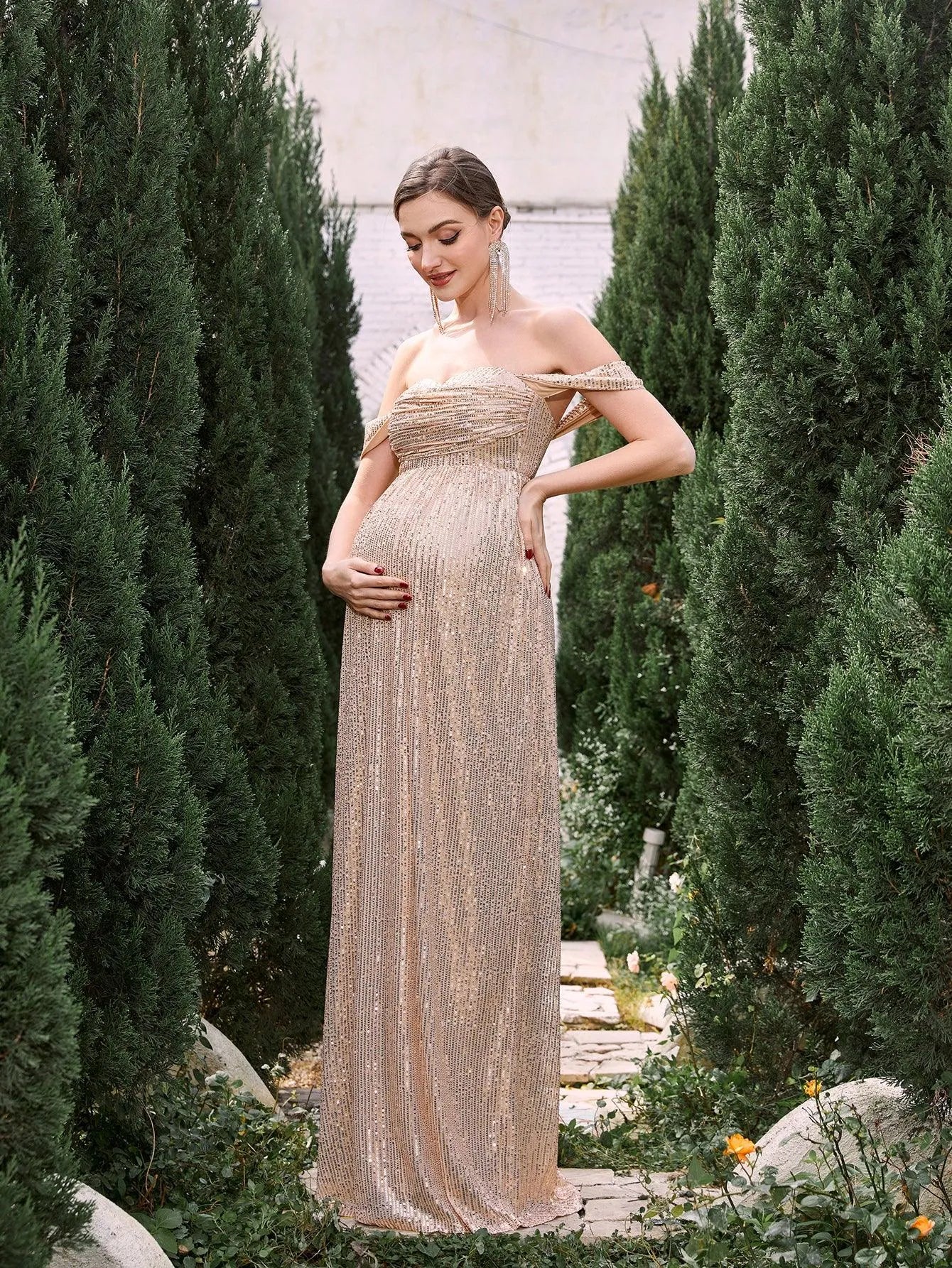 Maternity Off Shoulder Sequin Formal Party Dress