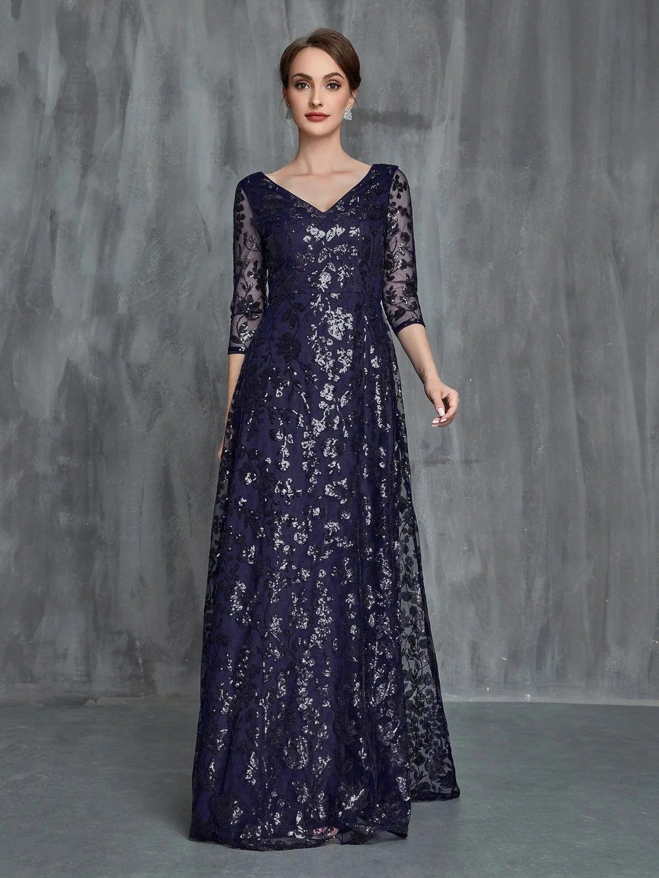 Womens' 3/4 Sleeves Floral Sequin Pattern Formal Dress