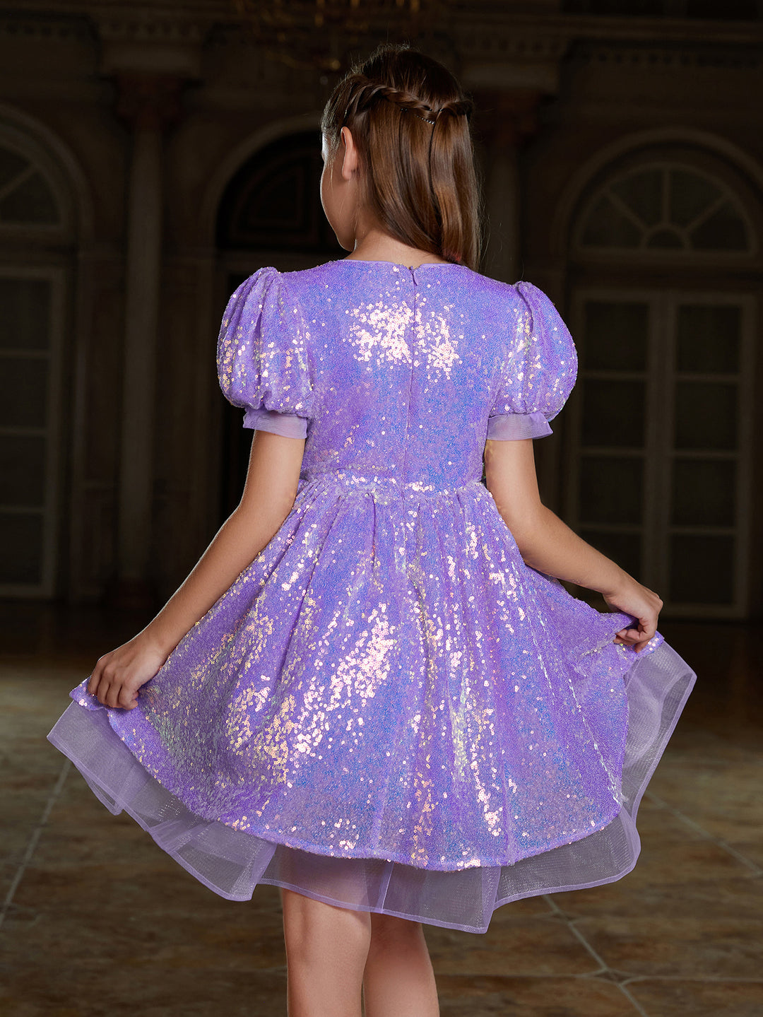 Girl's Cute Bow Front Puff Sleeve Sequin Party Dress