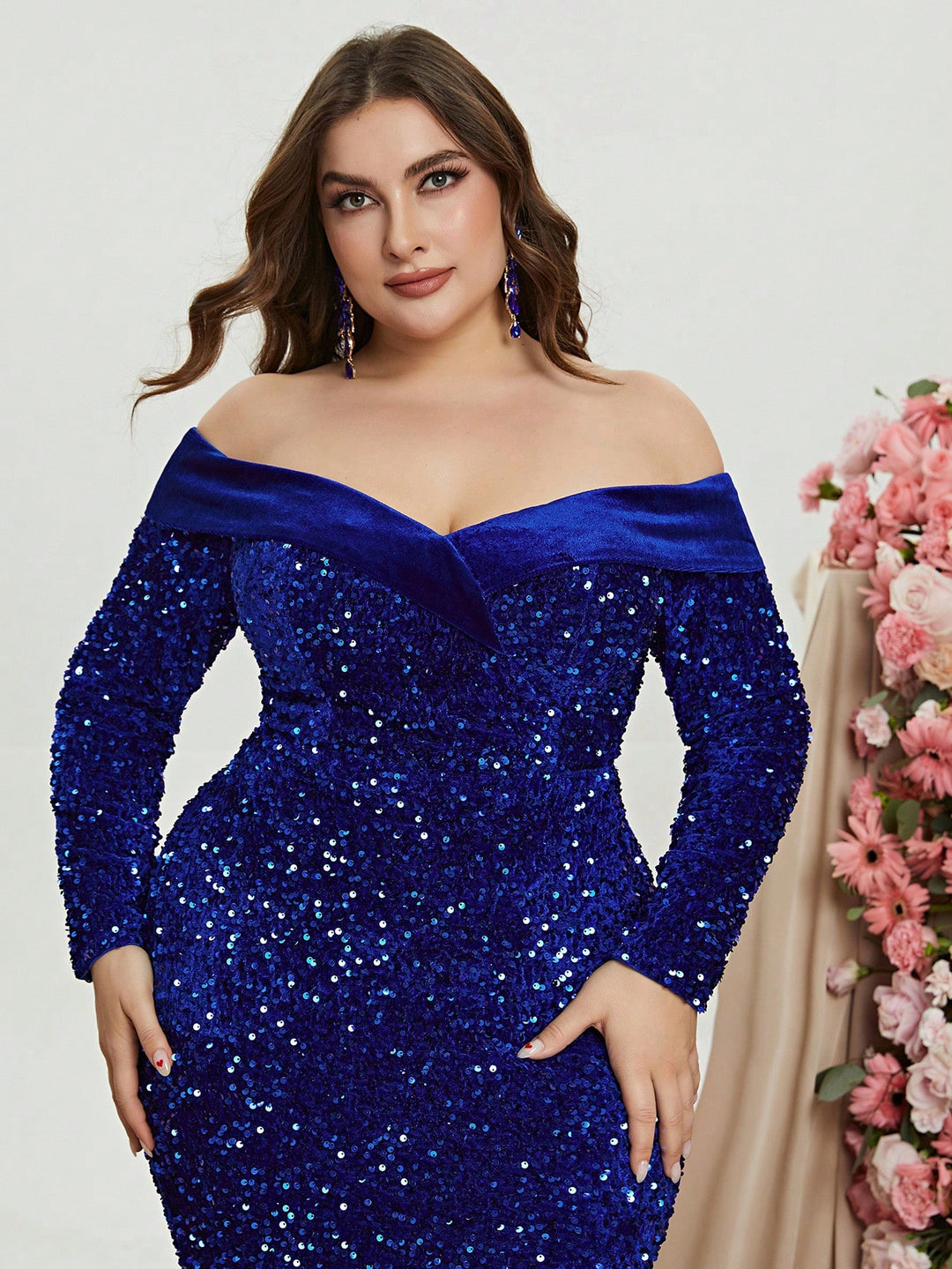 Plus Off Shoulder Long Sleeve Sequin Mermaid Dresses