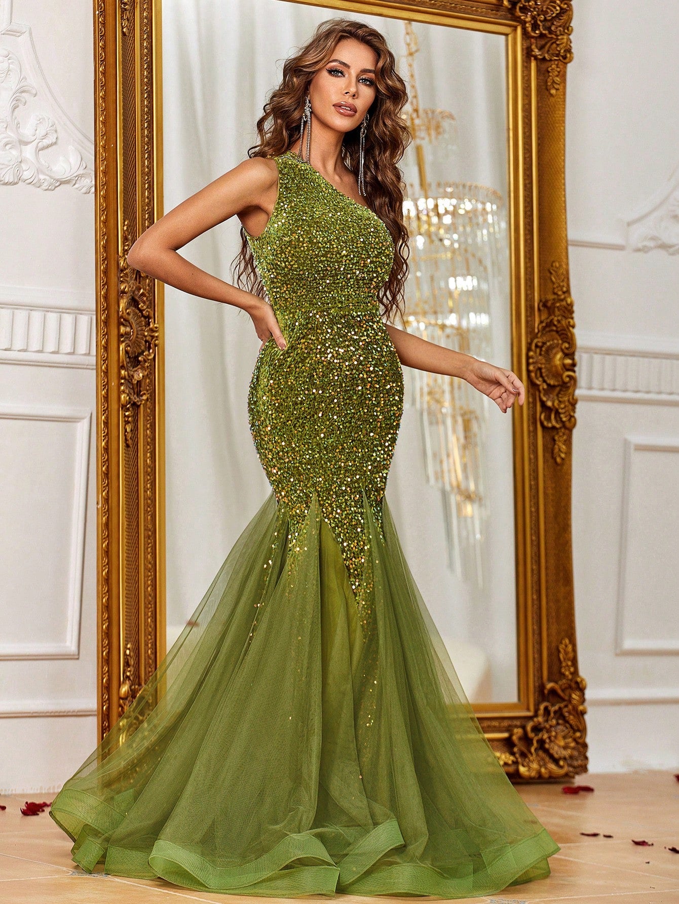 Elegant One Shoulder Sleeveless Mesh Insert Sequin Mermaid Dress