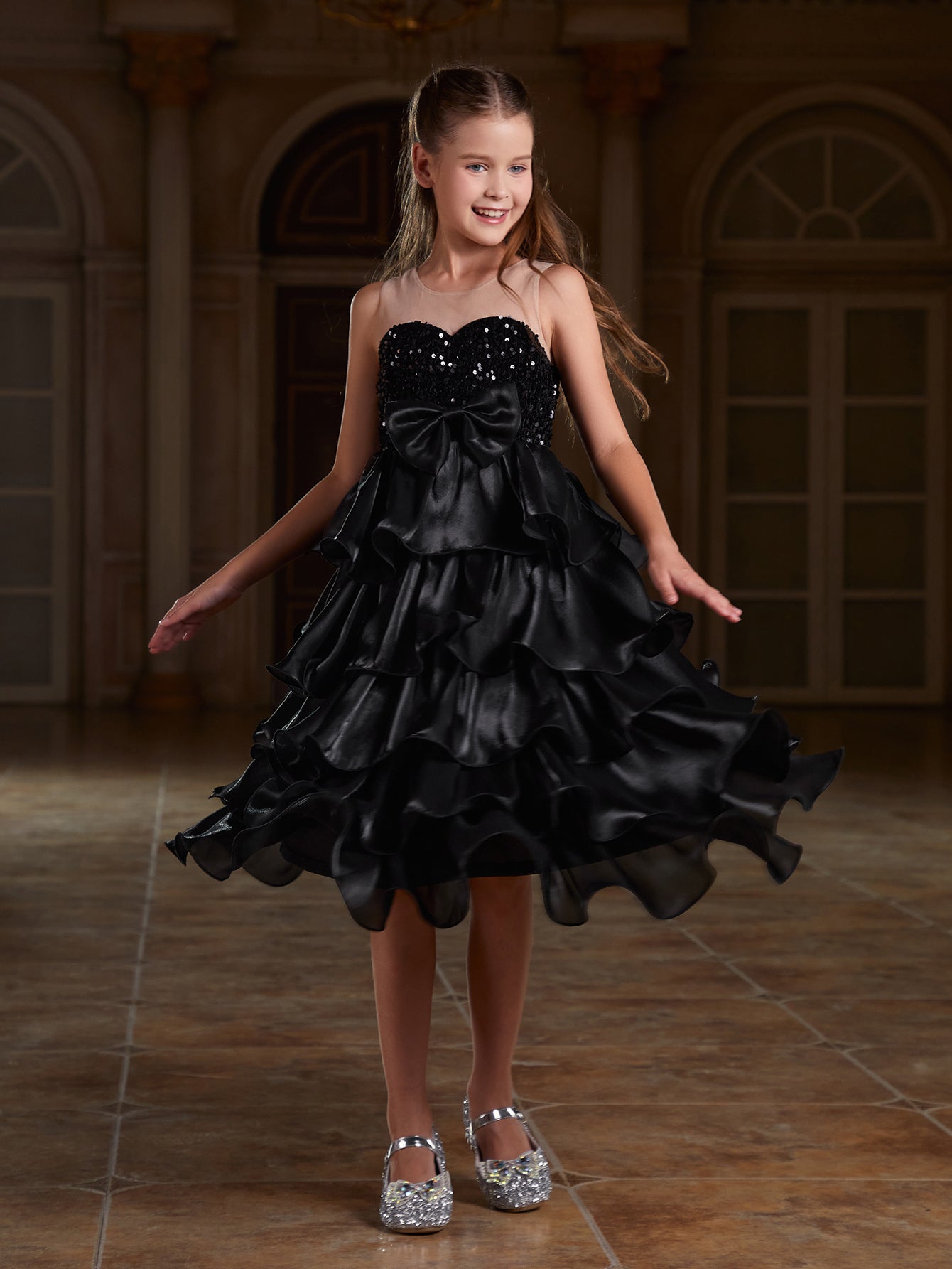 Girl's Sleeveless Sequin Contrast Layered Organza Hem Dress