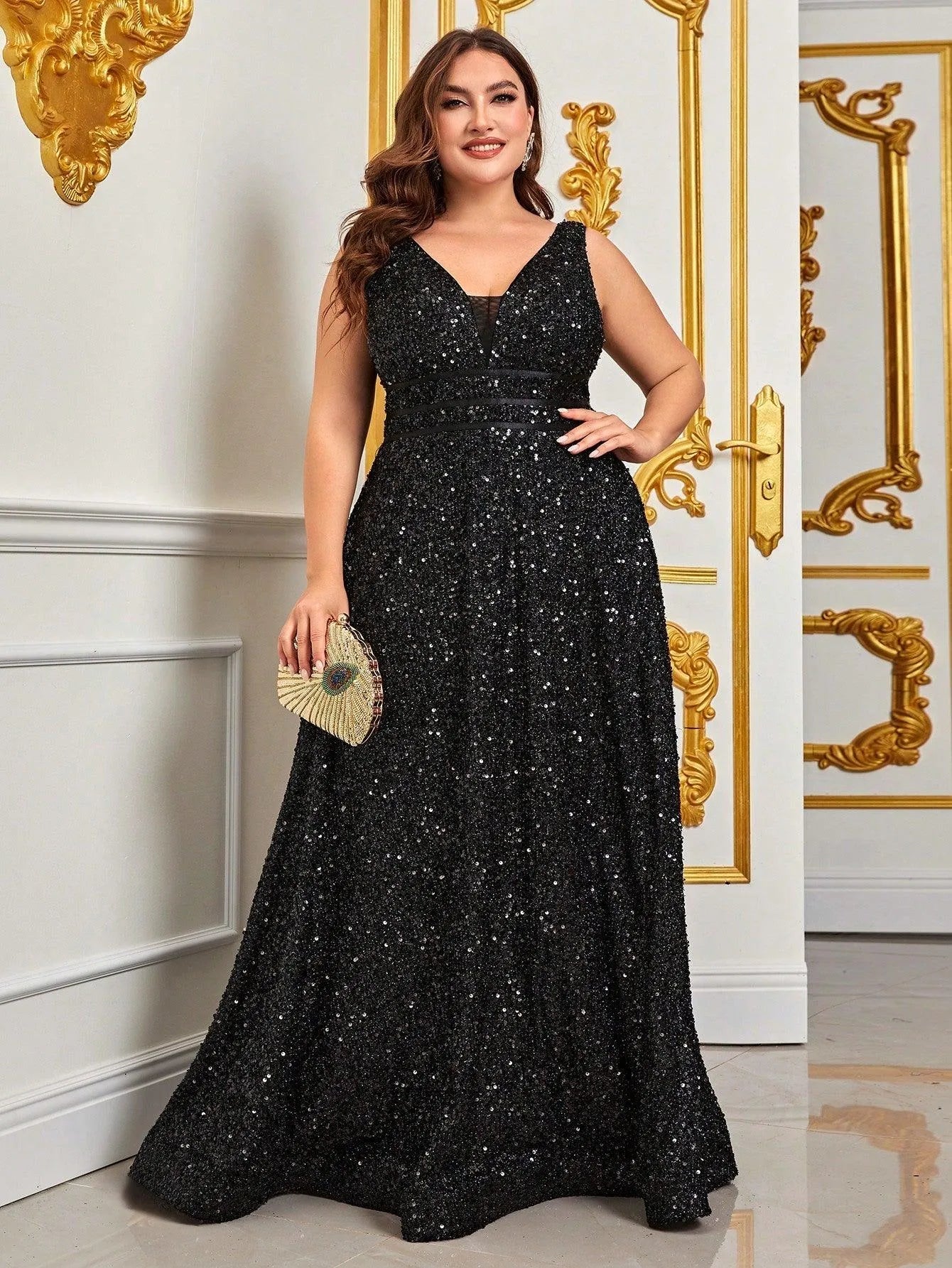 Plus Backless Sequin Floor Length Dress