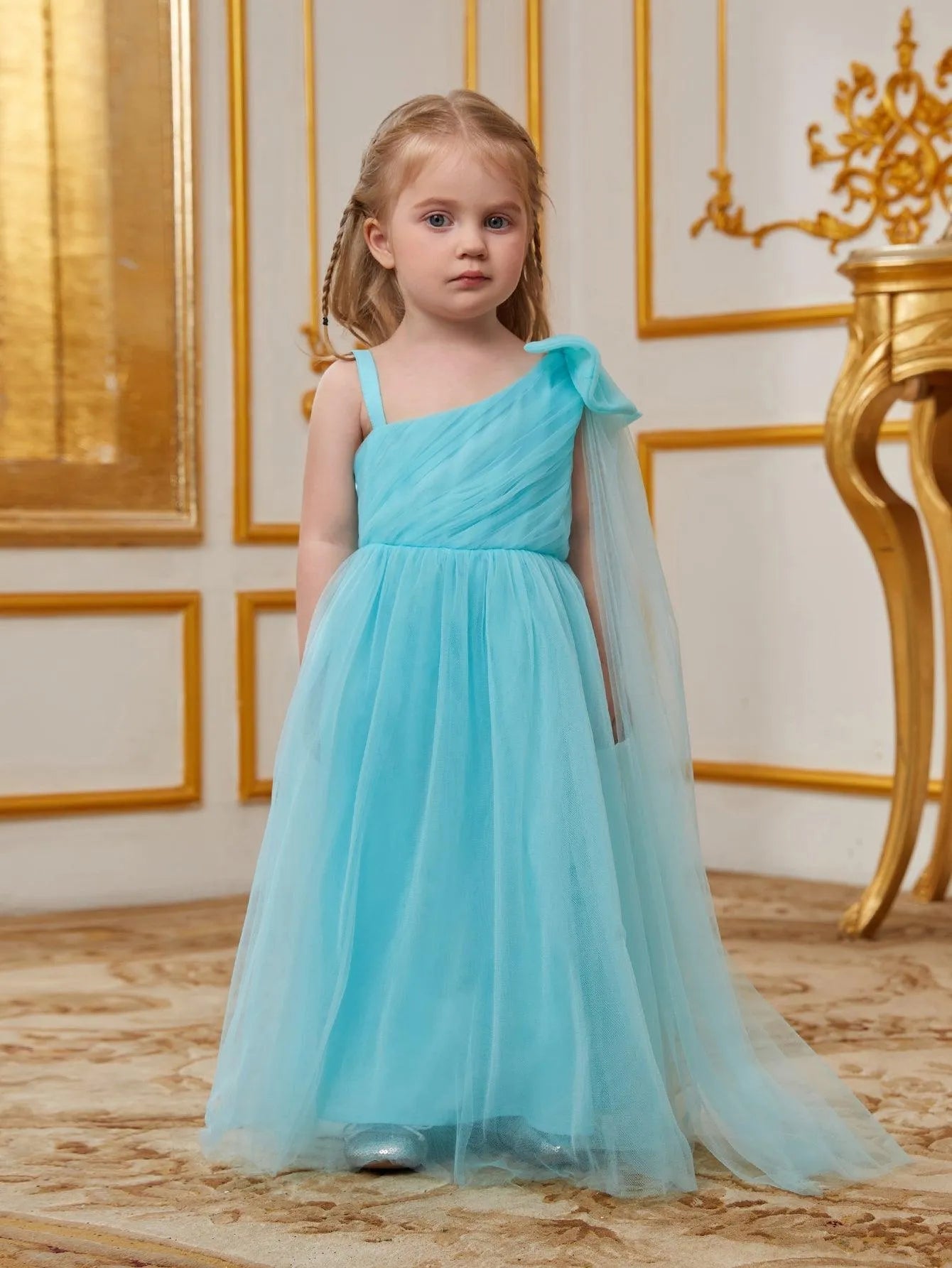 Young Girls' One Shoulder Draped Side Mesh A Line Dress With Bow