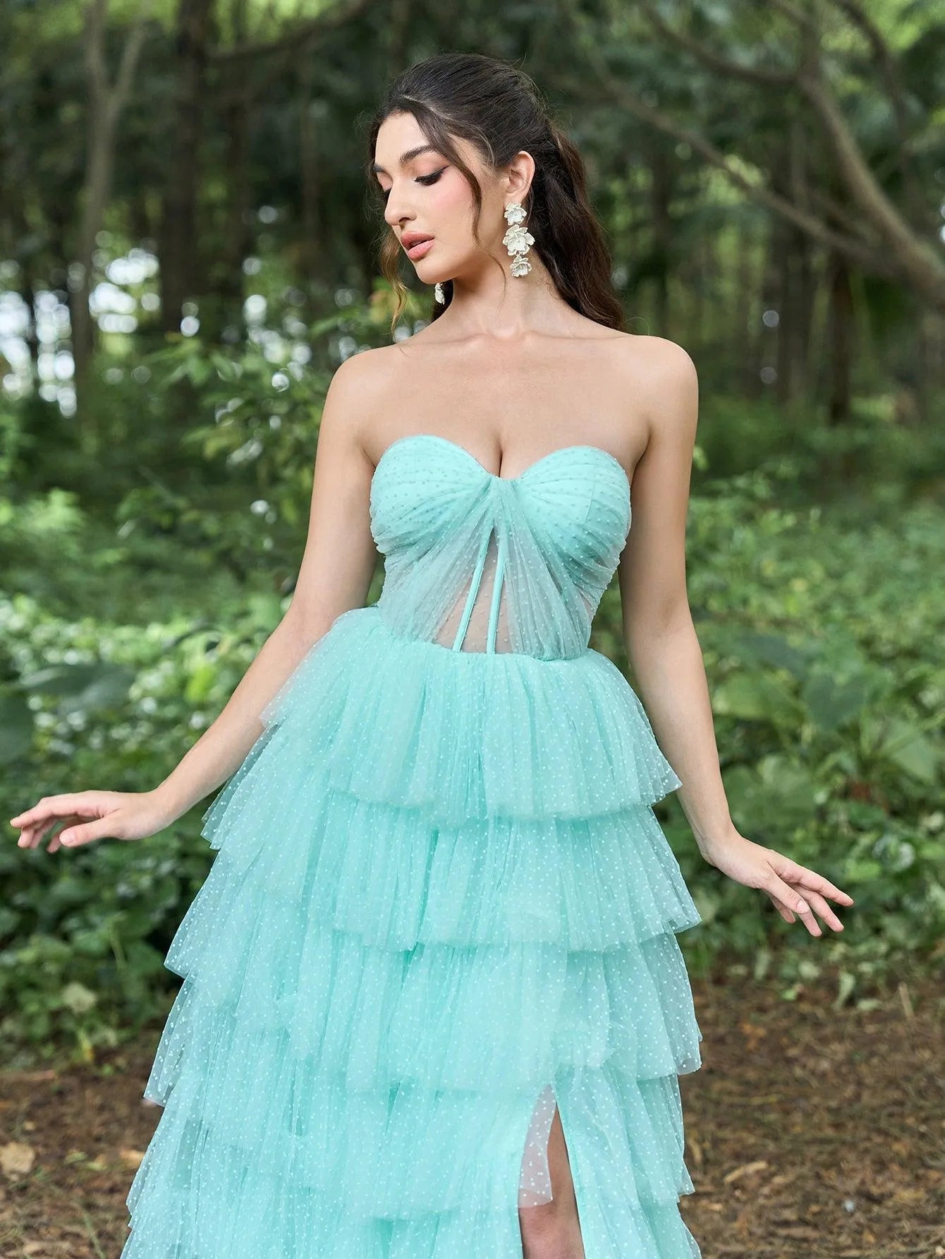 Elegant Ruched Bustier Split Ruffle Layered Hem Prom Tube Dress