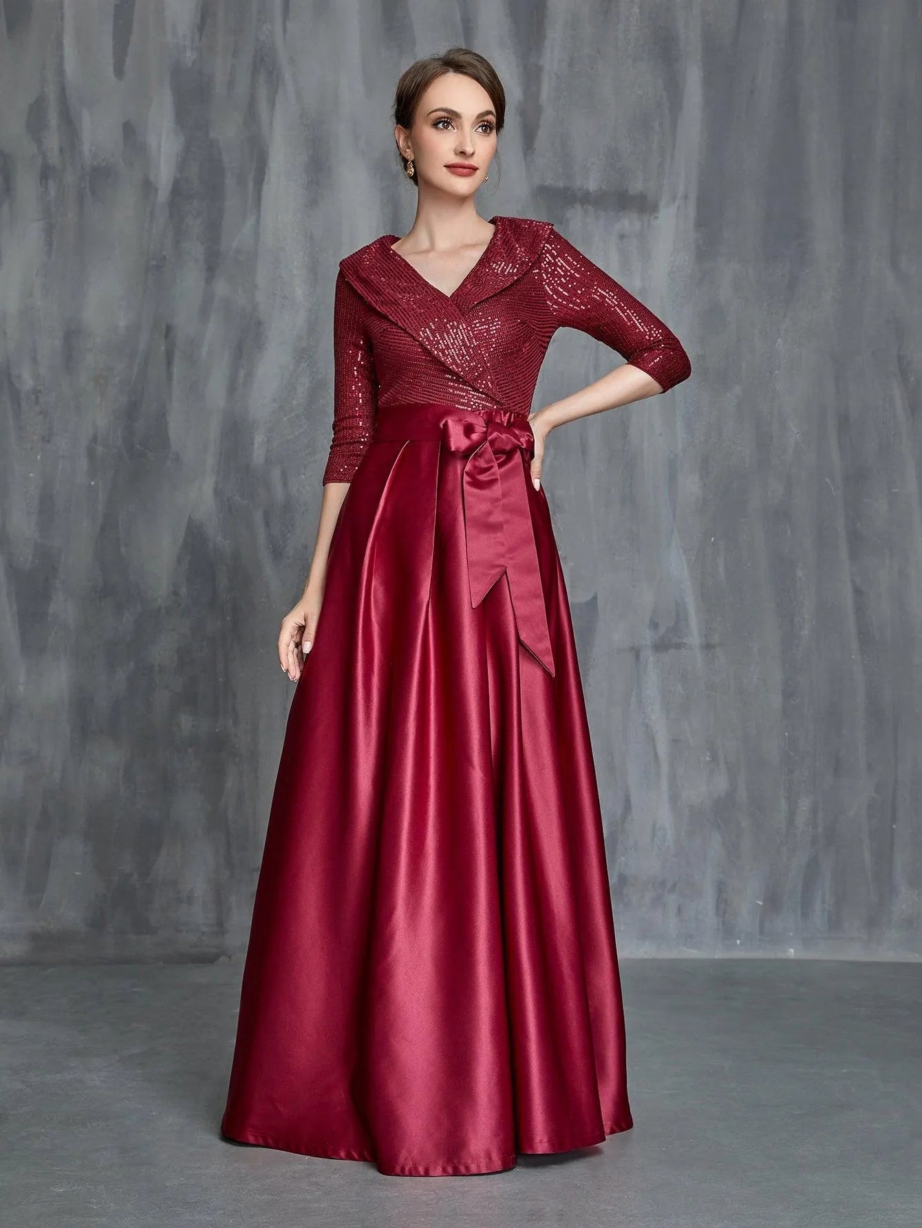 Womens' Shawl Collar Sequin Contrast Satin Formal Dress