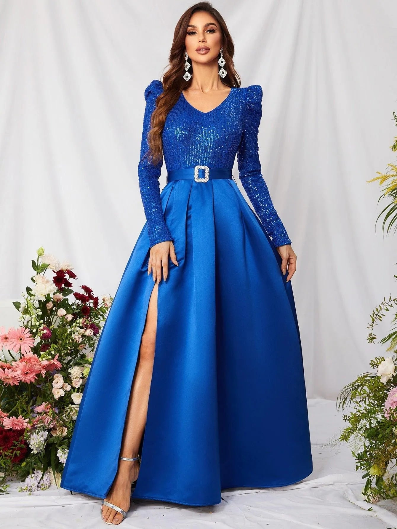 Elegant V Neck Gigot Sleeve Slit A Line Prom Dress