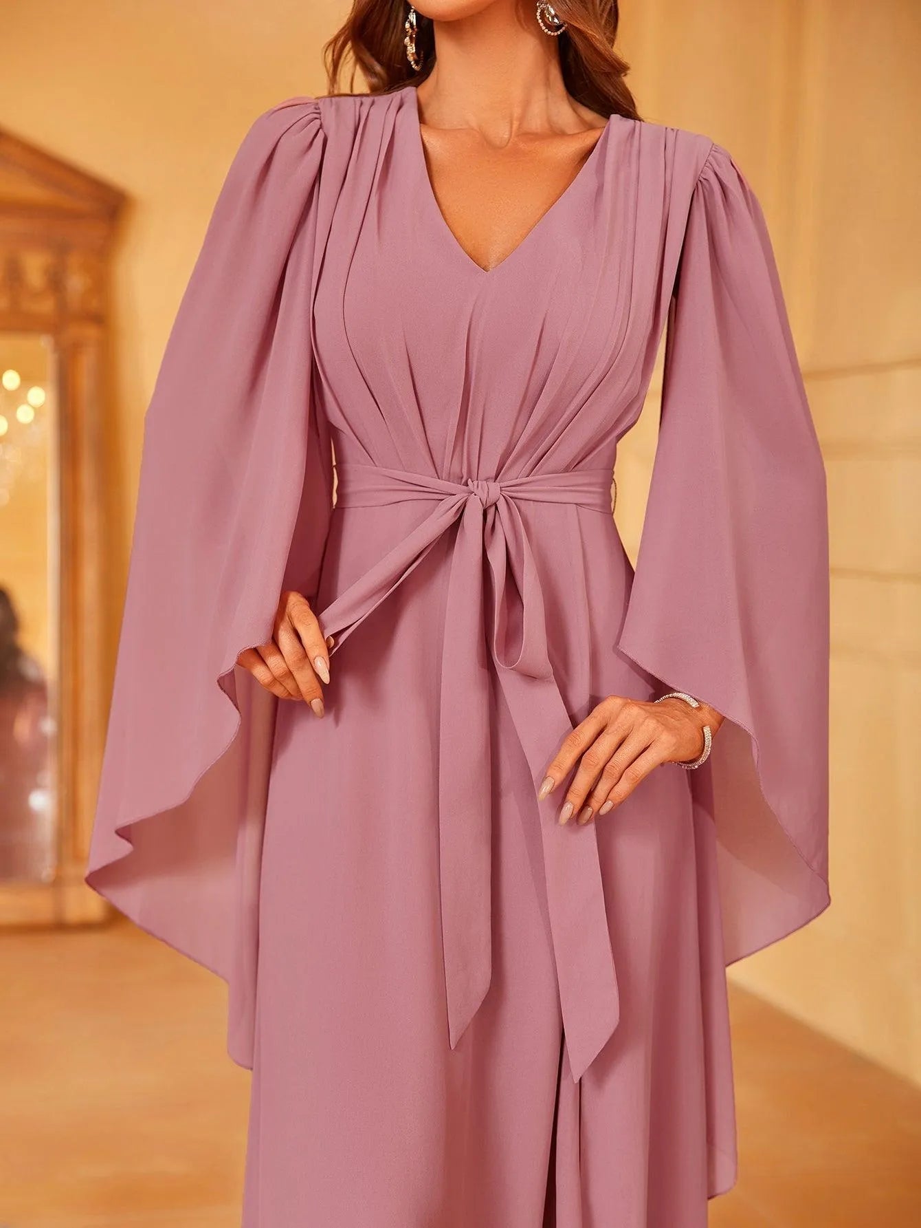 Solid Flounce Sleeve Chiffon Bridesmaid dress