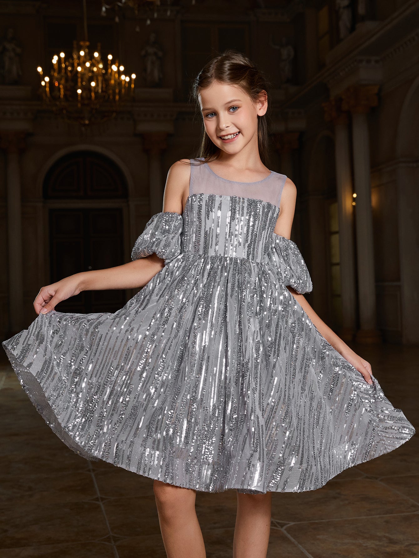 Girl's Puff Sleeve Contrast Mesh Sequin Party Dress