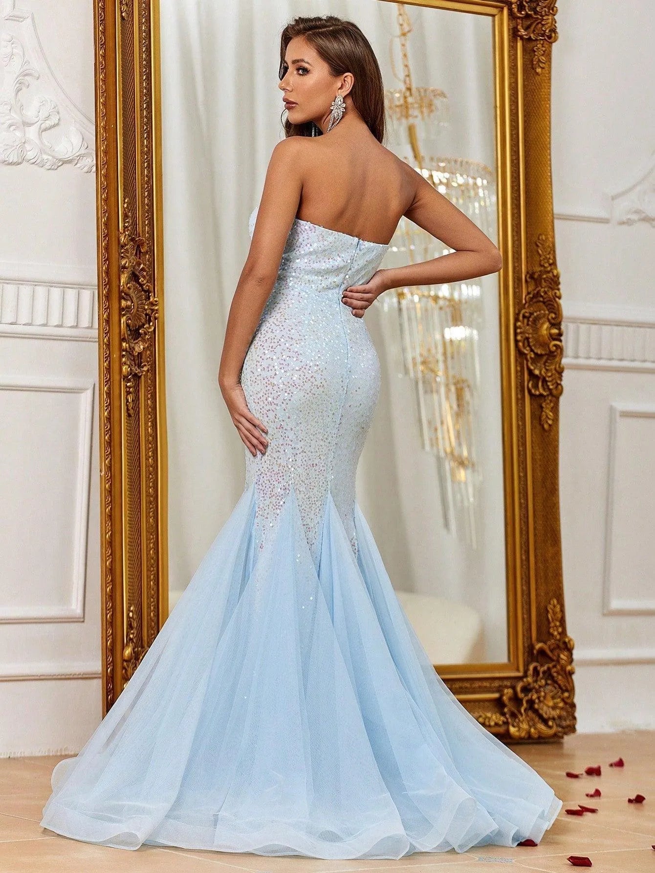 Tube Sleeveless Mesh Insert Sequin Mermaid Dress