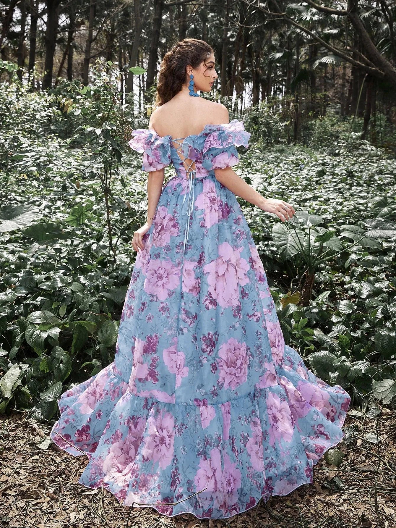 Elegant Ruffle Trim Off Shoulder Floral Organza Prom Dress