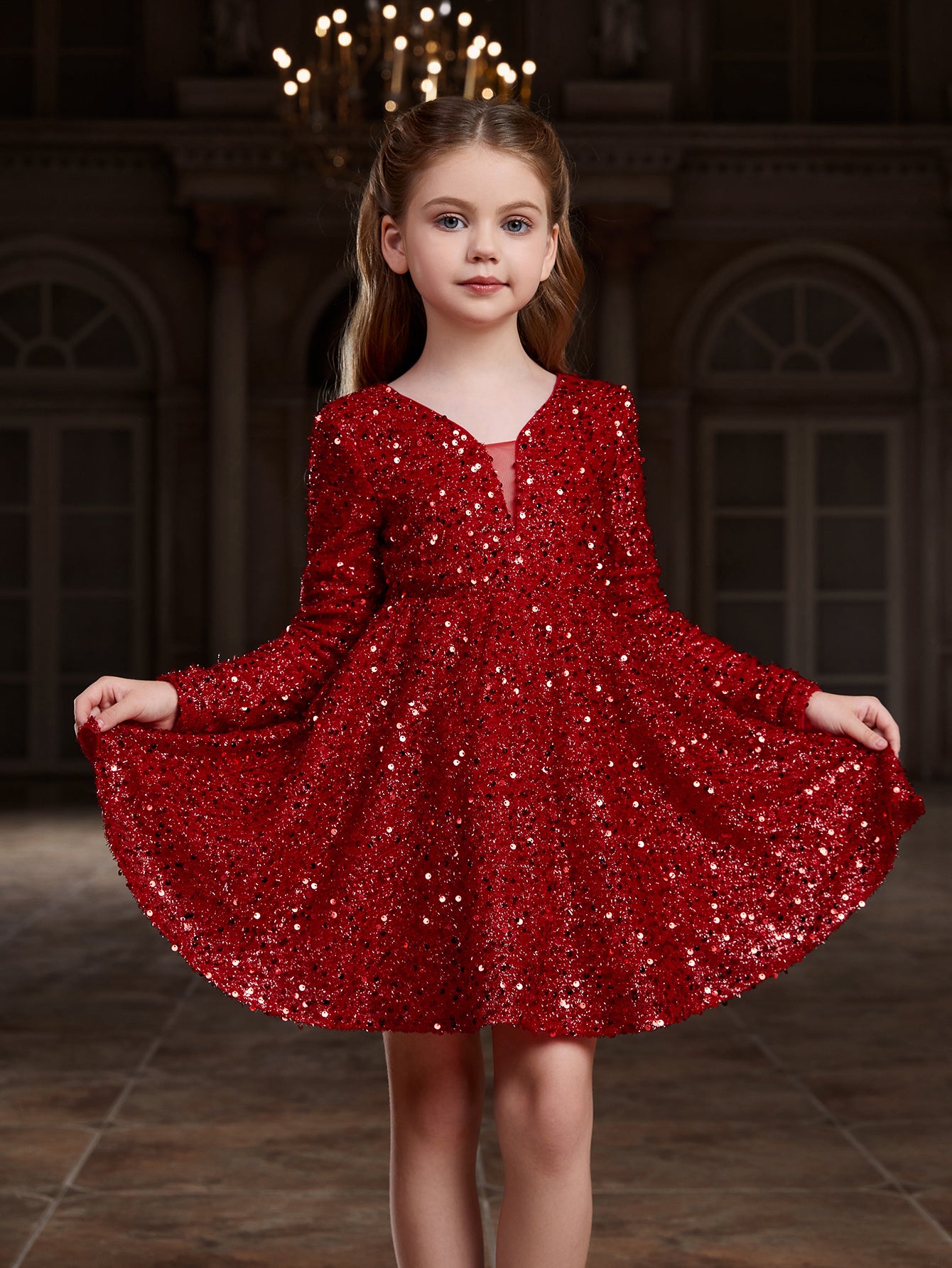 Tween Girls' V Neck Backless Sequin Party Dress