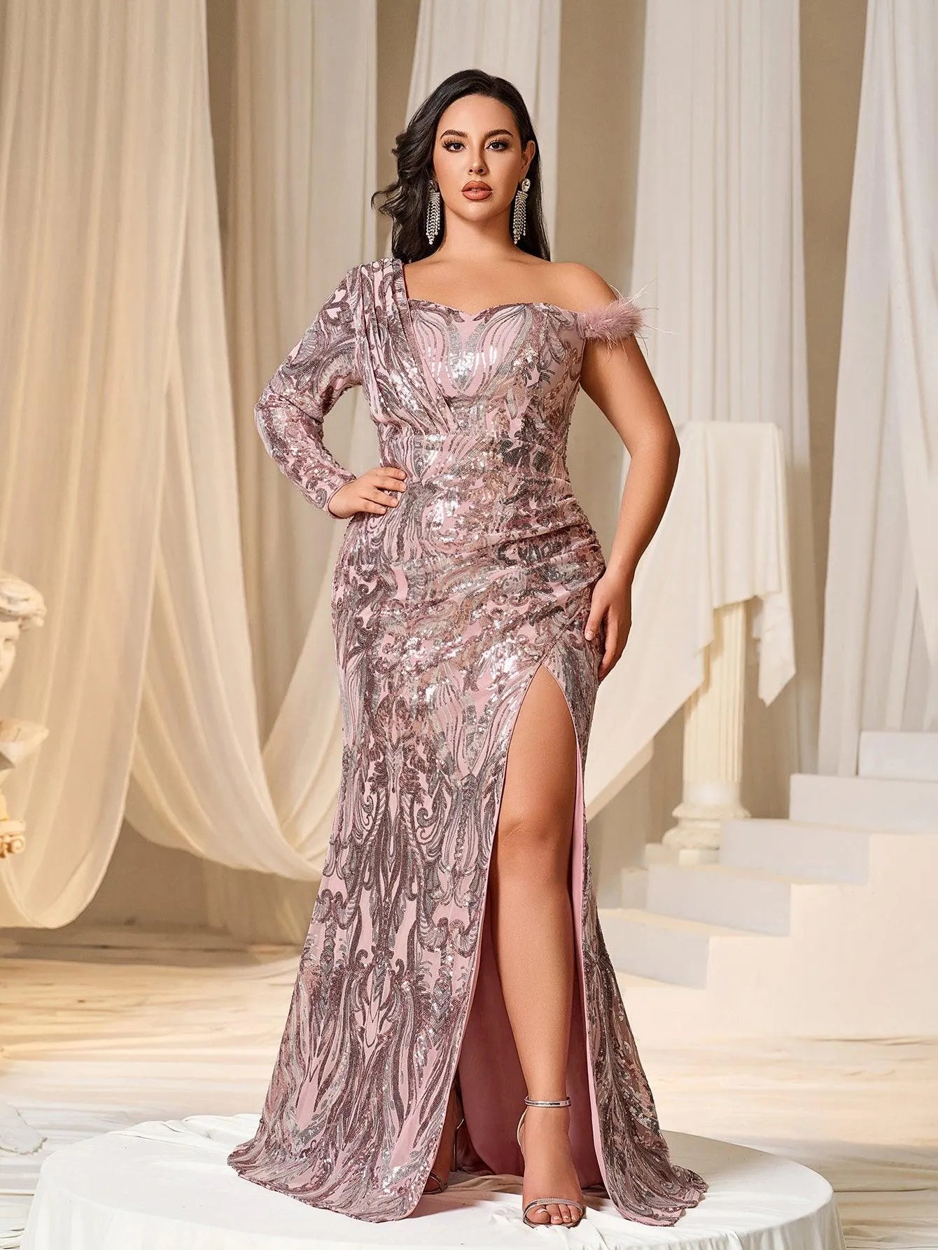 Plus One Shoulder Ruched Wrap Hem Sequin Prom Dress