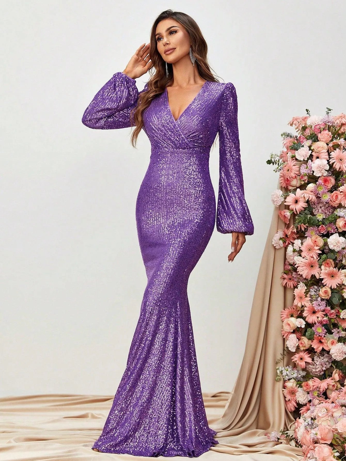 Surplice Neck Lantern Sleeves Sequin Mermaid Dress