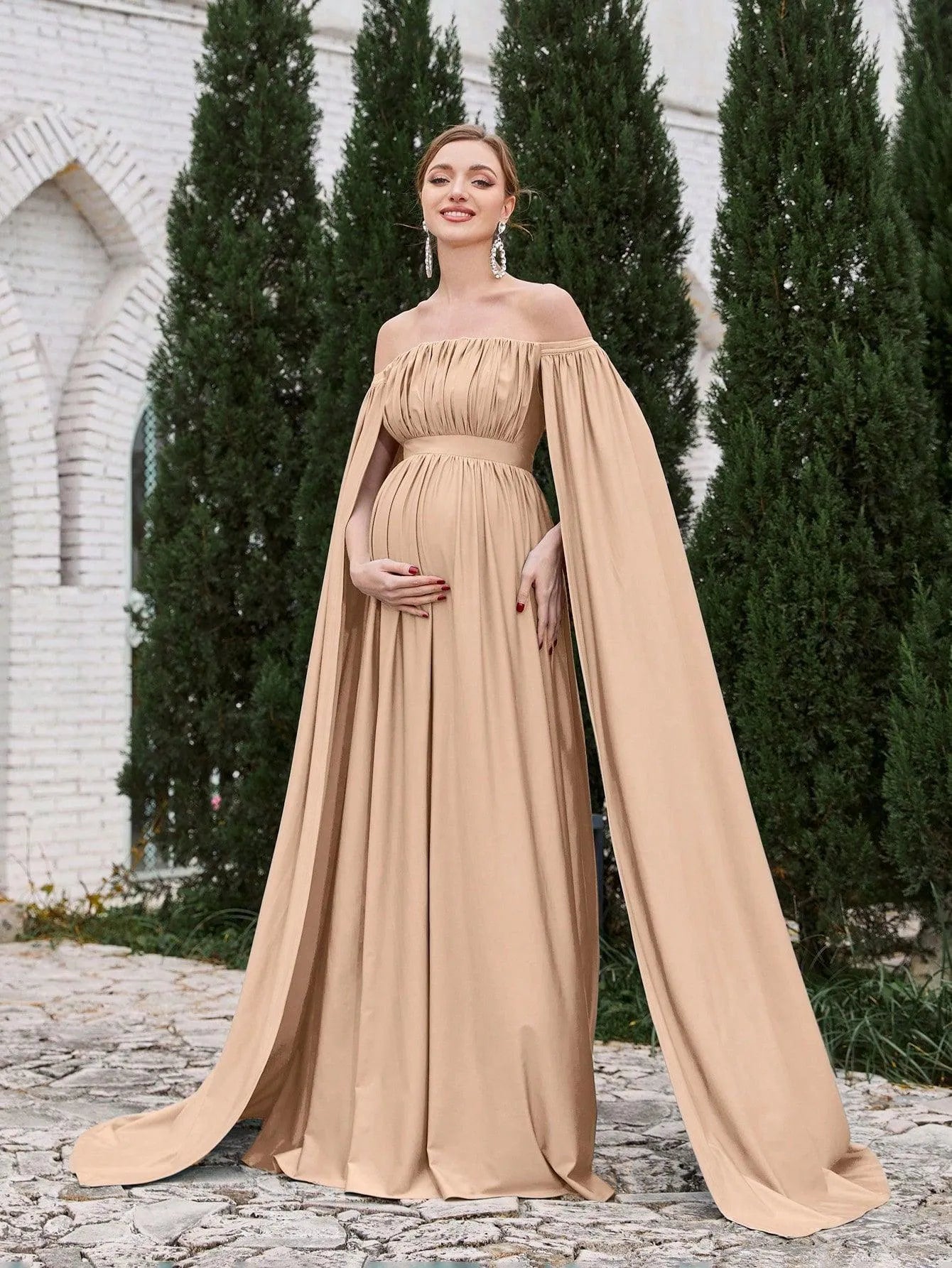 Maternity Off Shoulder Cape Sleeves Maxi Prom Dress