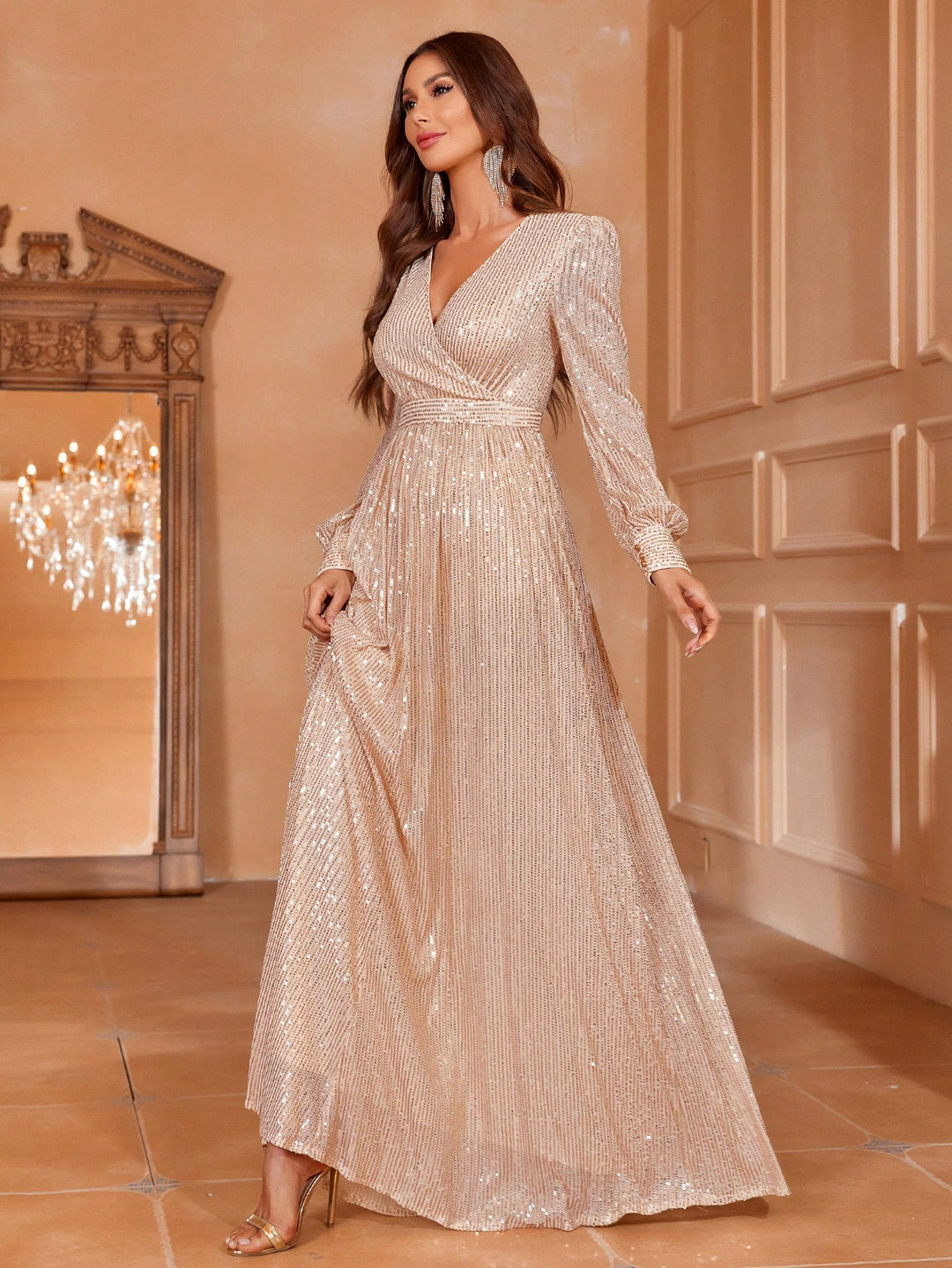 Elegant V Neck Lantern Sleeve Sequin A Line Dresses