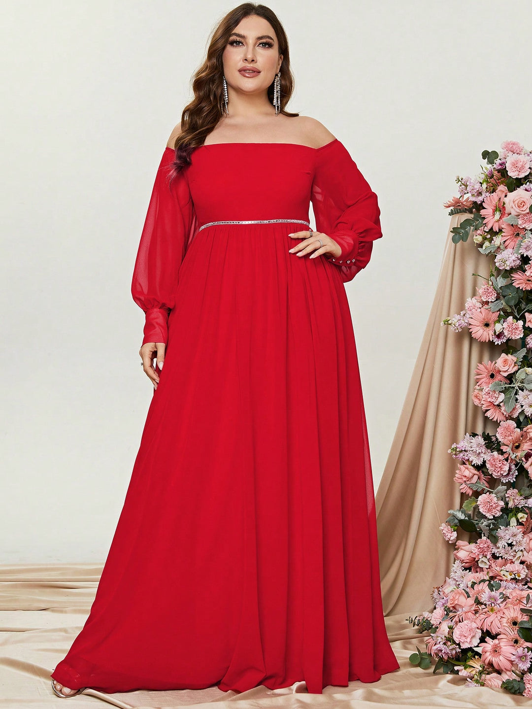 Plus Size Elegant Off Shoulder Long Sleeve Chiffon A Line Dresses