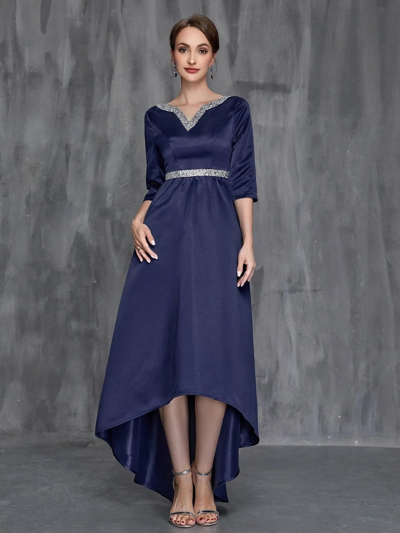 Womens' Notched Neck High Low Hem Satin Formal Dress