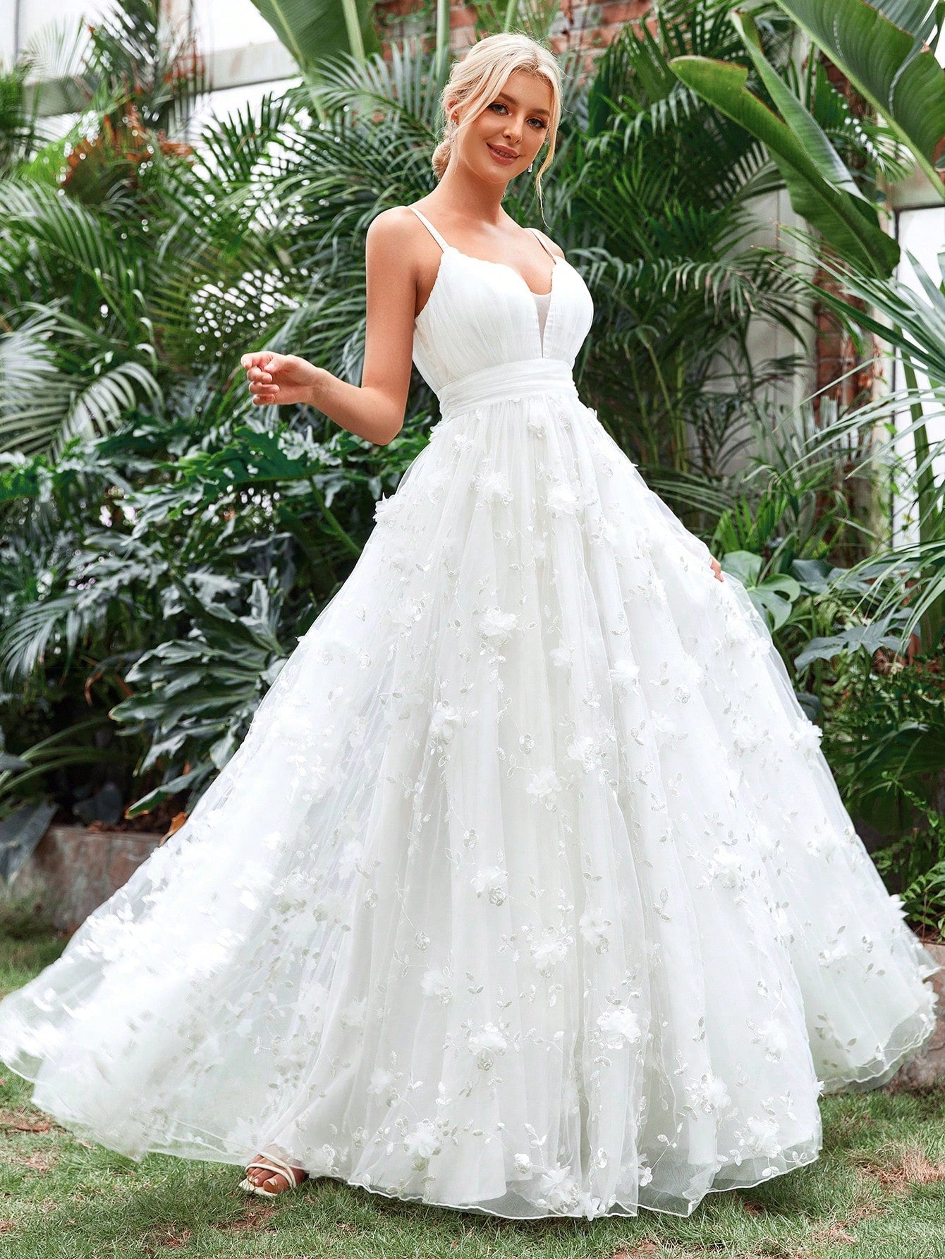 Plunging Neck Floral Applique Mesh Cami Wedding Dress