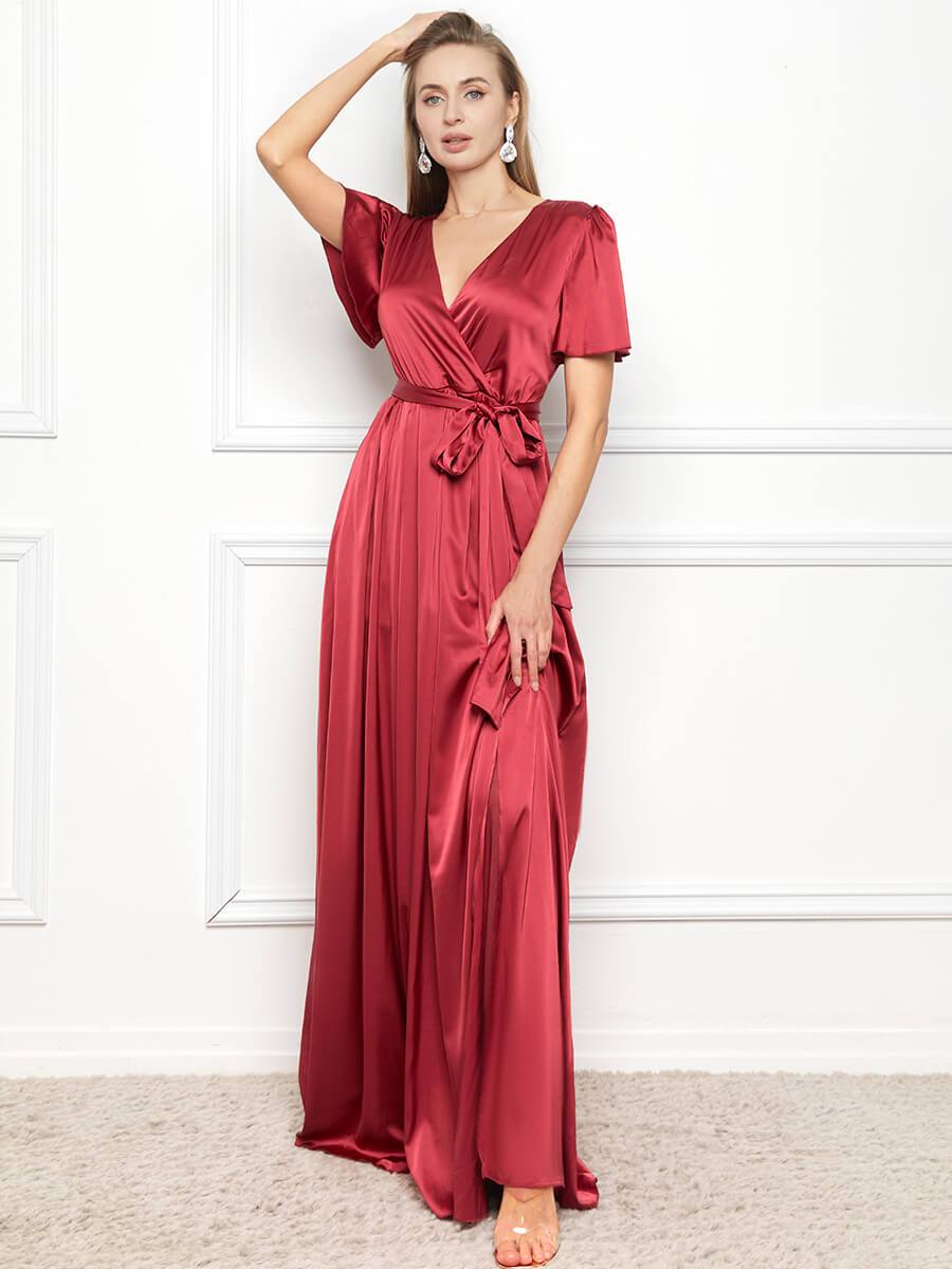 Elegant V Neck Short Sleeve Satin Dress