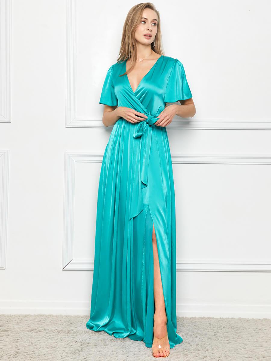 Elegant V Neck Short Sleeve Satin Dress