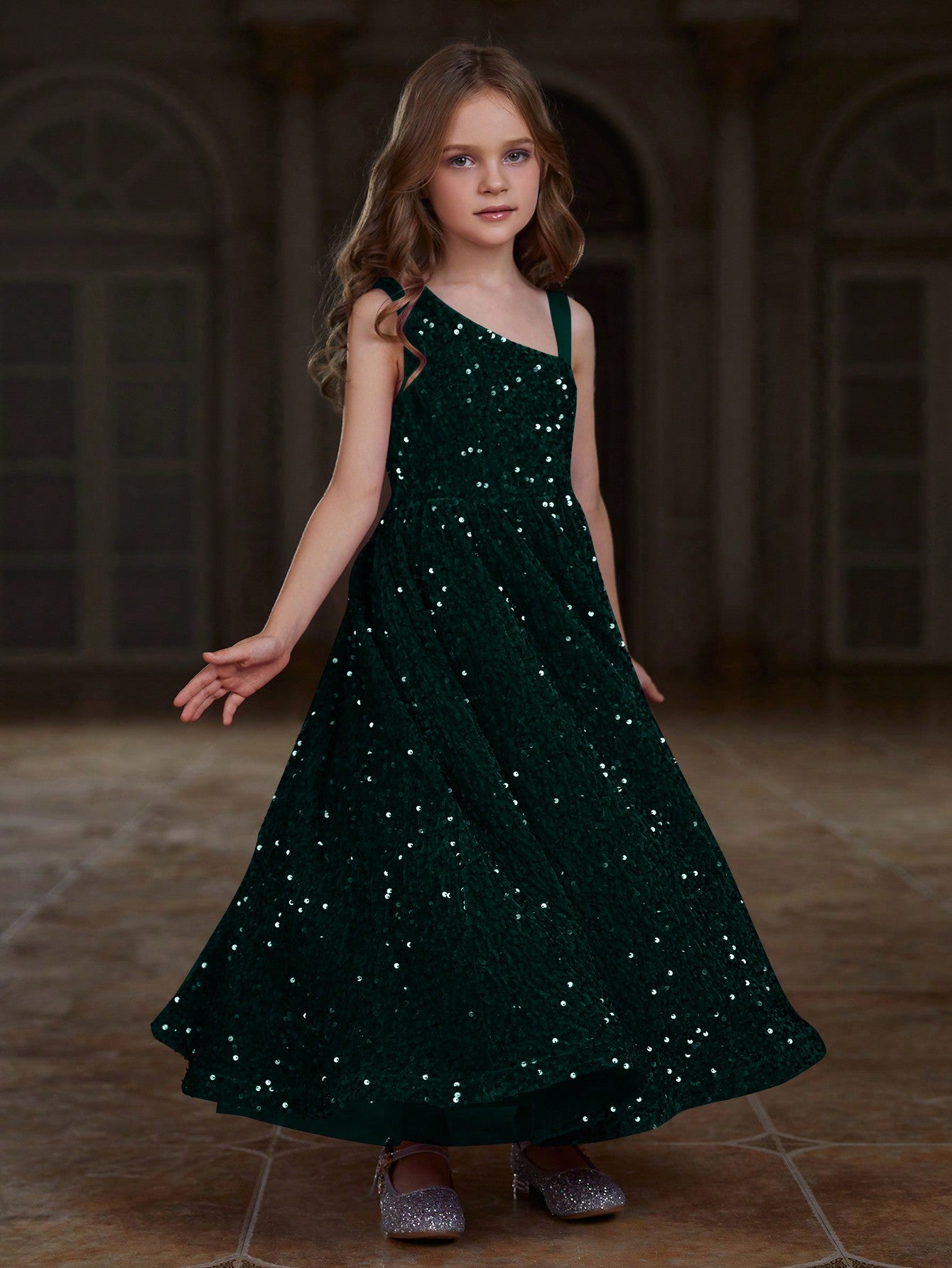 Tween Girls' Asymmetrical Neckline Sleeveless Sequin Party Dress