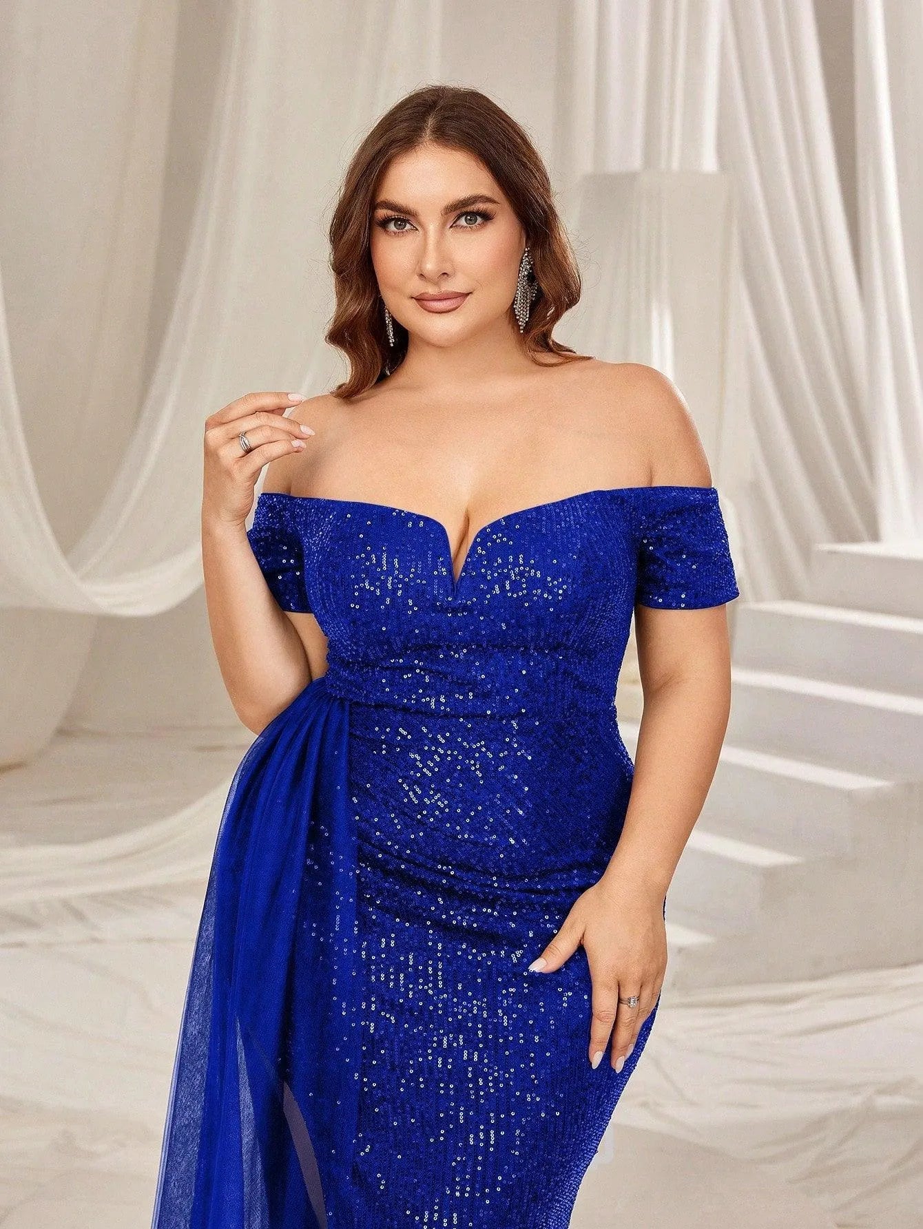 Plus Off Shoulder Sweetheart Neck Split Thigh Sequin Party Dress